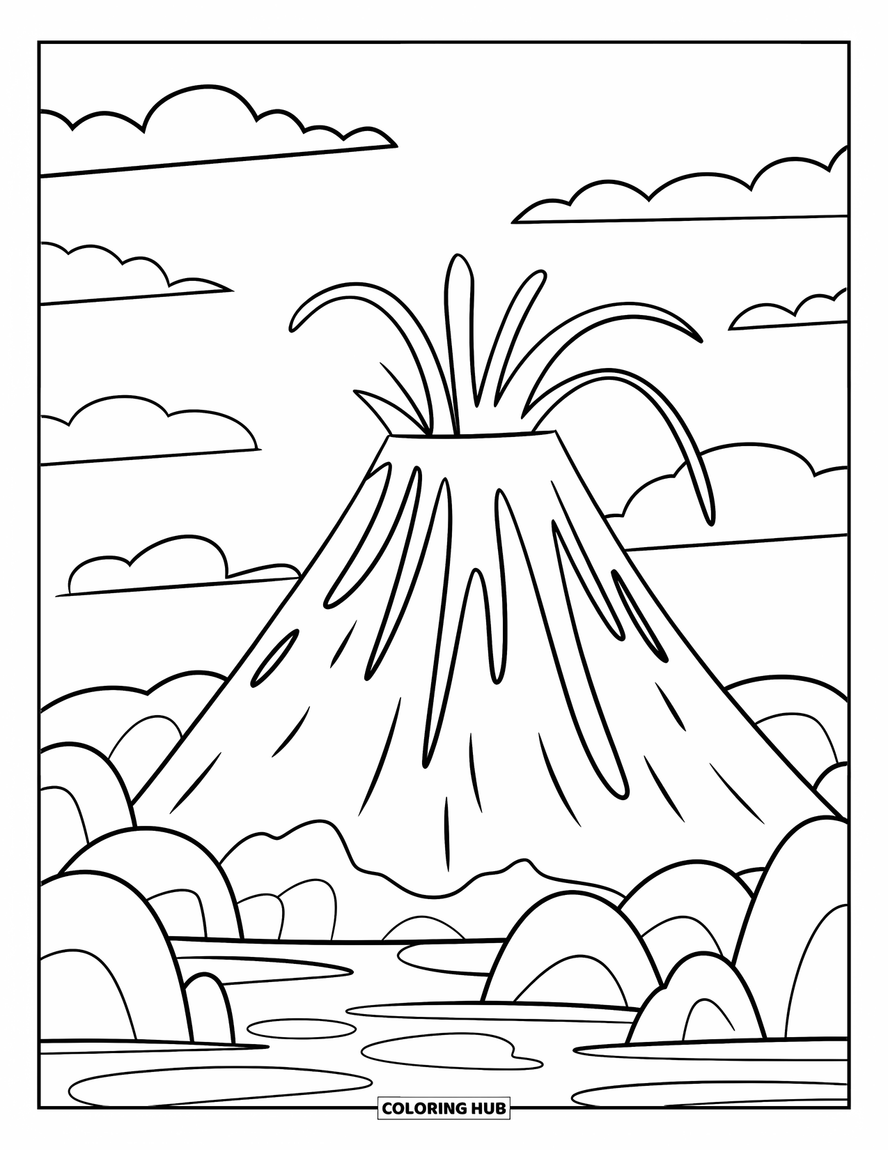 Desenho de vulcão para colorir para crianças: Um vulcão simples entra em erupção com fluxos de lava intensos, cercado por rochas arredondadas e um céu claro