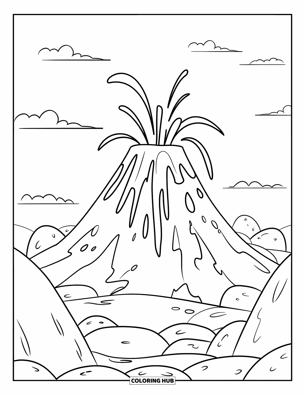 Desenho de vulcão para colorir para crianças: Um vulcão simples entra em erupção com fluxos de lava intensos, cercado por rochas arredondadas e céus claros