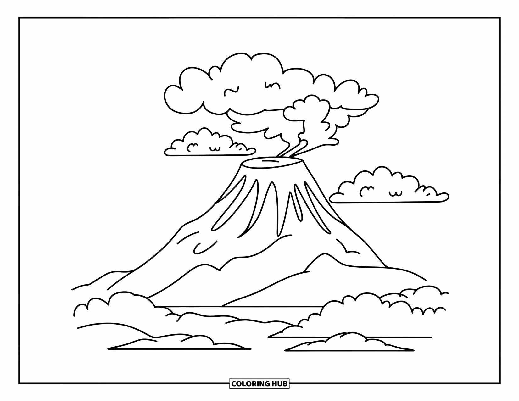 Desenho de vulcão para colorir para crianças: Um vulcão sonolento solta nuvens de fumaça suaves enquanto descansa em uma paisagem tranquila