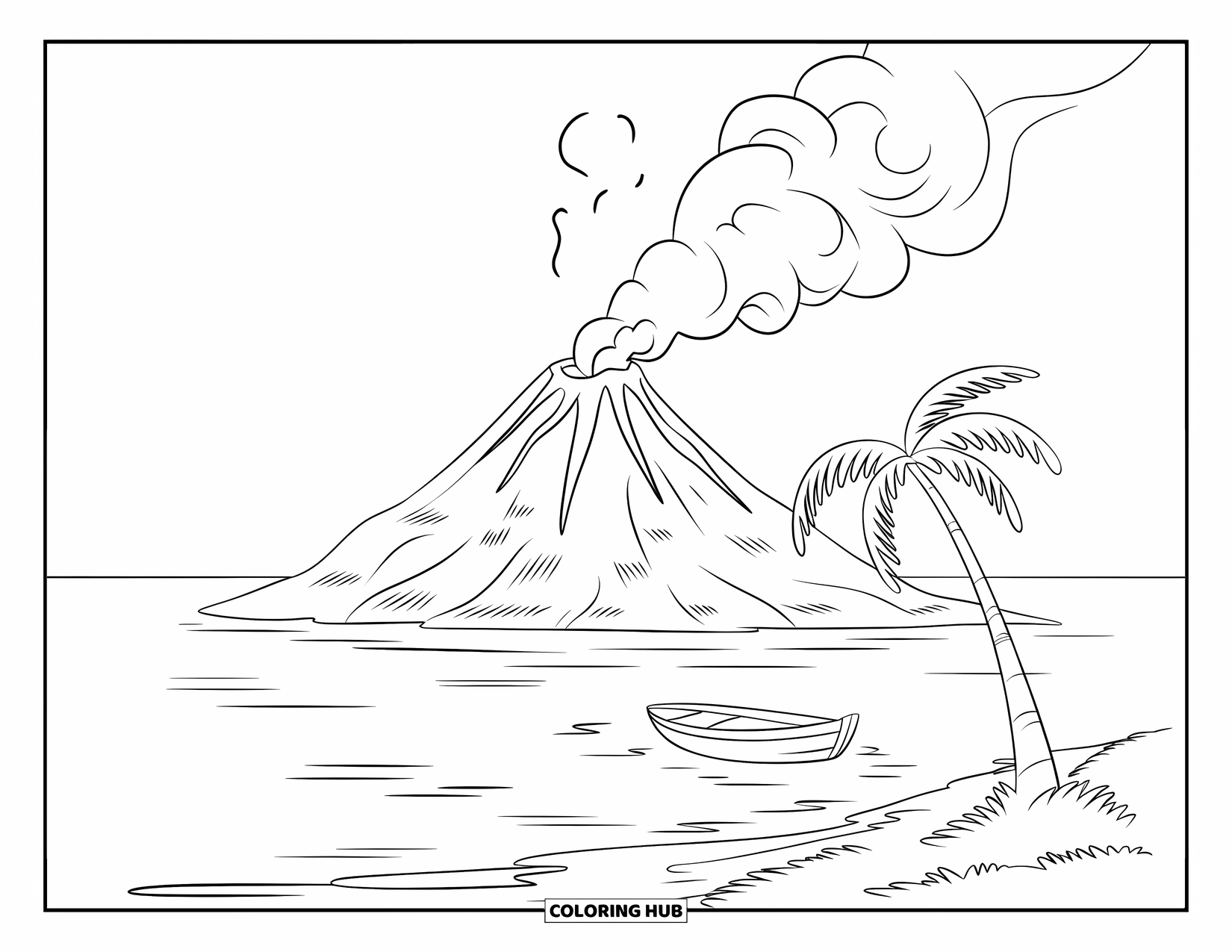 Desenho de vulcão para colorir para crianças: Um pequeno vulcão em uma ilha tropical solta vapor enquanto um barco flutua no mar calmo