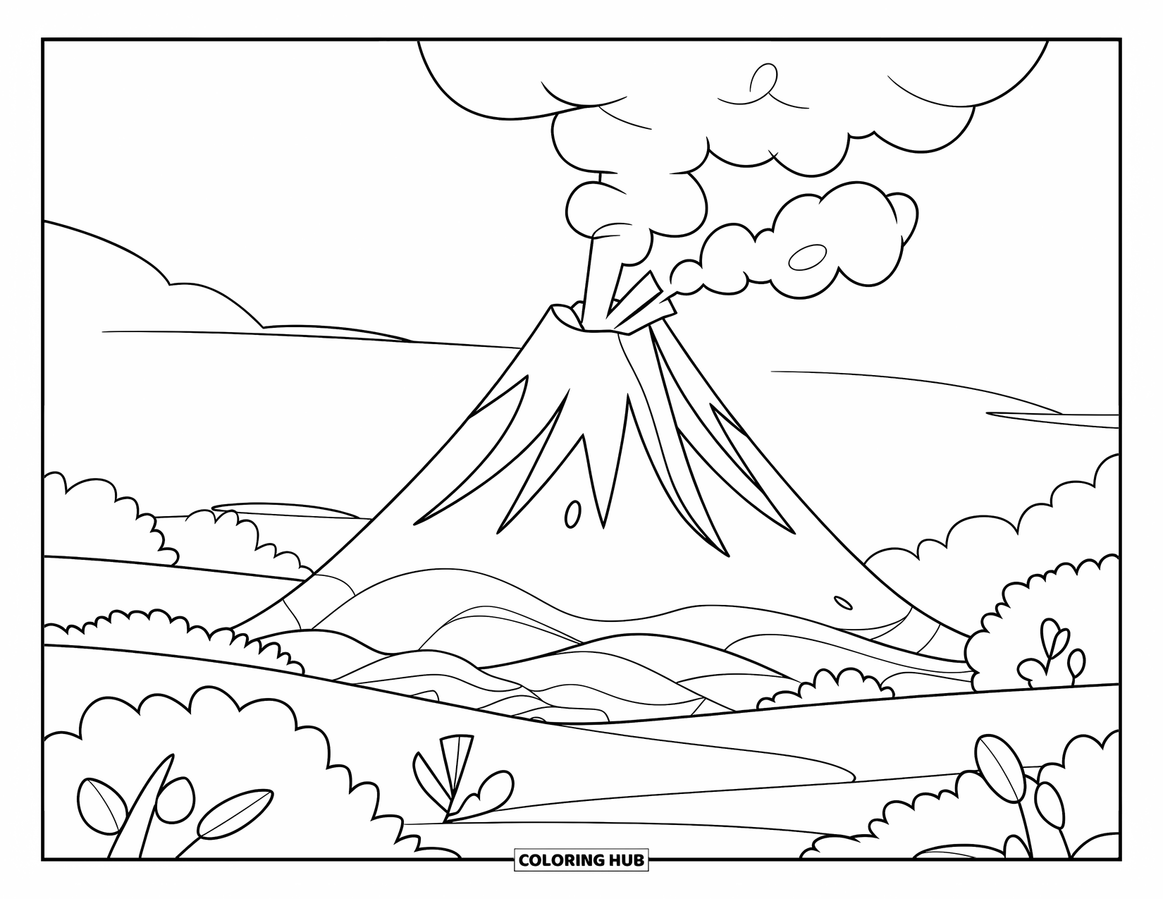 Desenho de vulcão para colorir para crianças: Um pequeno vulcão com nuvens de fumaça suaves repousa pacificamente em uma paisagem simples e aberta