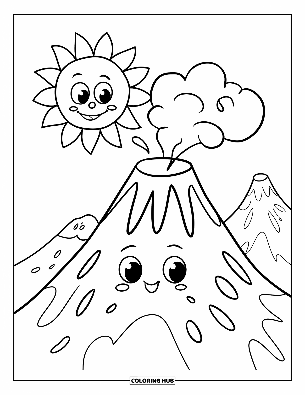 Desenho de vulcão para colorir para crianças: Um vulcão sorridente libera uma pequena nuvem de fumaça sob um sol grande e feliz