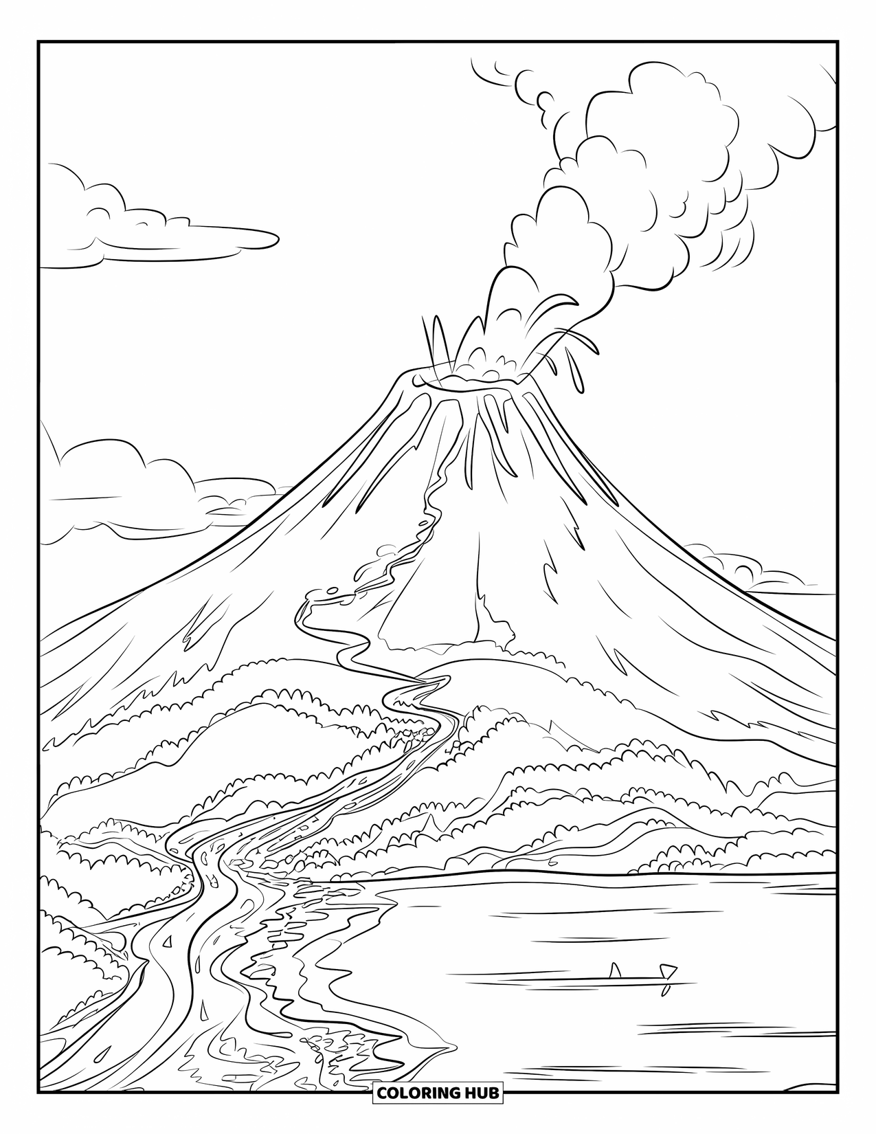 Desenho de vulcão para colorir para crianças: Um vulcão liso e arredondado coberto de vegetação entra em erupção, com lava fluindo por suas encostas