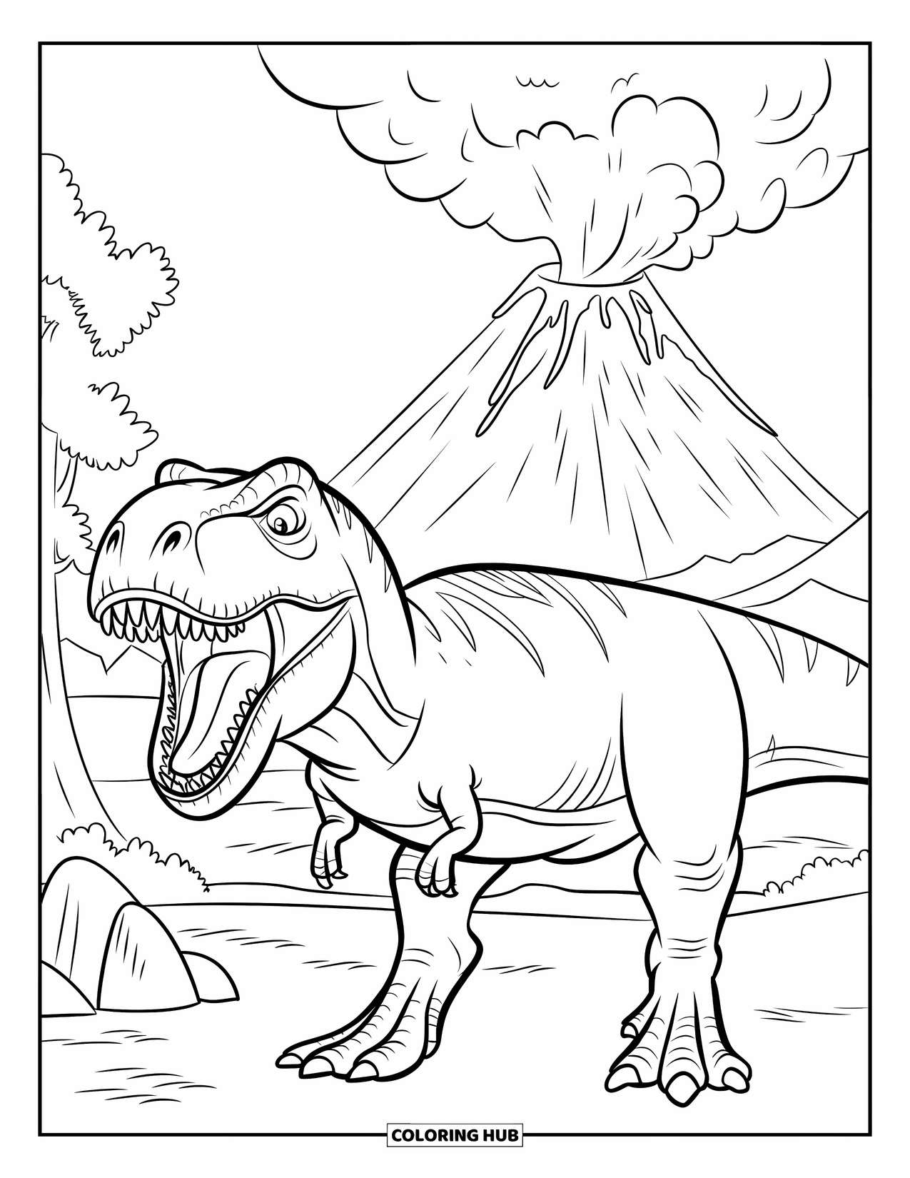 Desenho de vulcão para colorir para crianças: Um T-Rex está diante de um vulcão furioso, com lava jorrando enquanto dinossauros menores vagueiam por perto