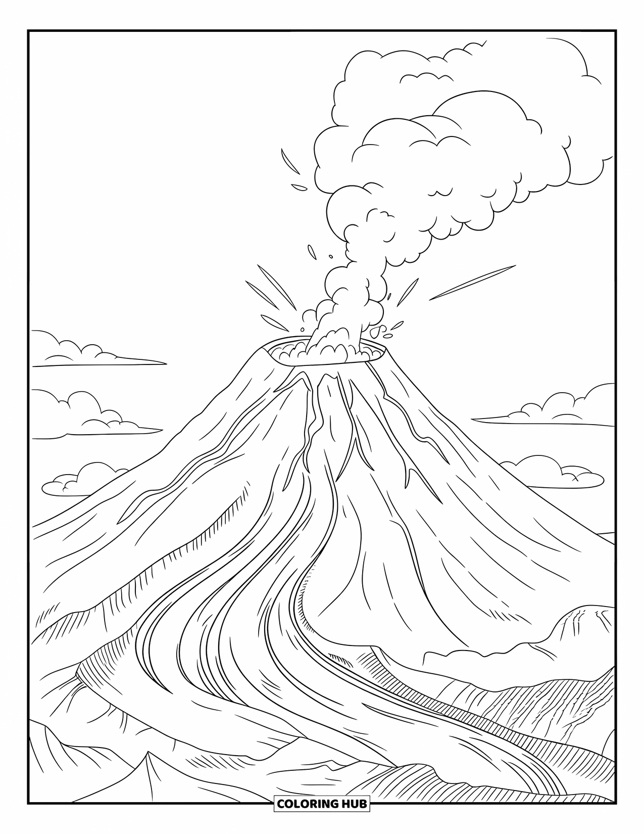 Desenho de vulcão para colorir para crianças: Um vulcão imponente entra em erupção, lançando lava para fora e fumaça espessa subindo para o céu