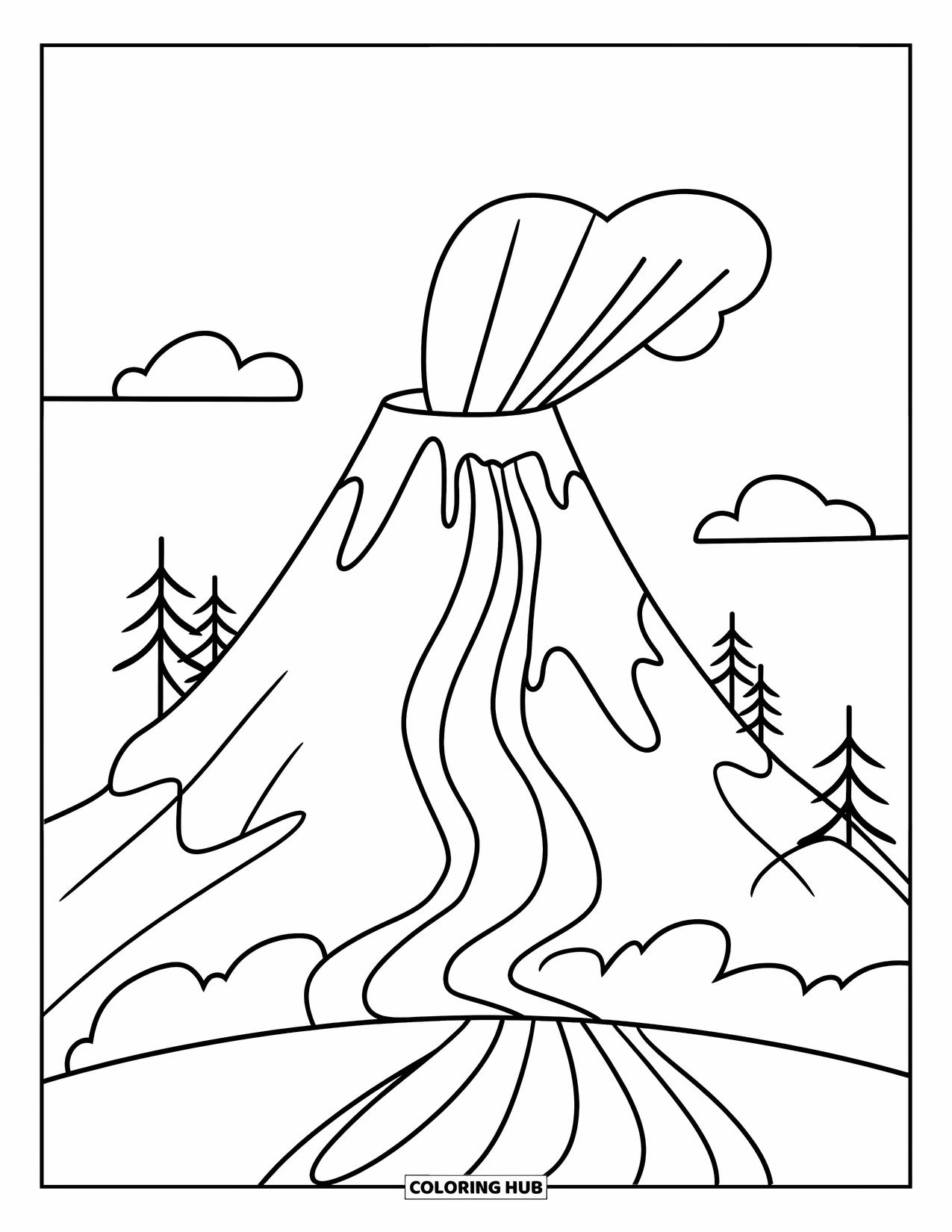 Desenho de vulcão para colorir para crianças: Um vulcão imponente com fluxos de lava suaves fica entre nuvens suaves e árvores espalhadas