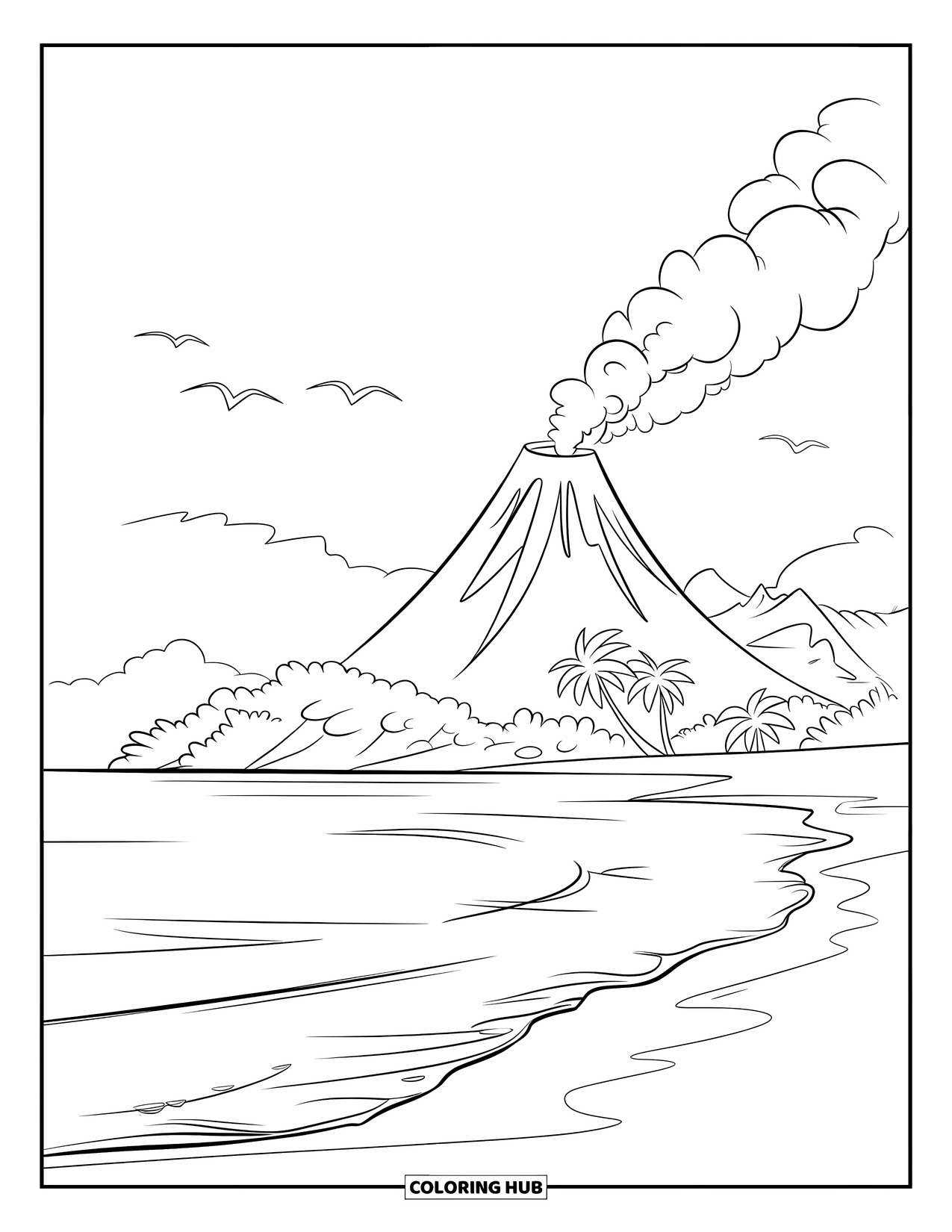 Desenho de vulcão para colorir para crianças: Um vulcão em uma ilha tropical solta fumaça suavemente enquanto pássaros voam sobre as ondas do oceano
