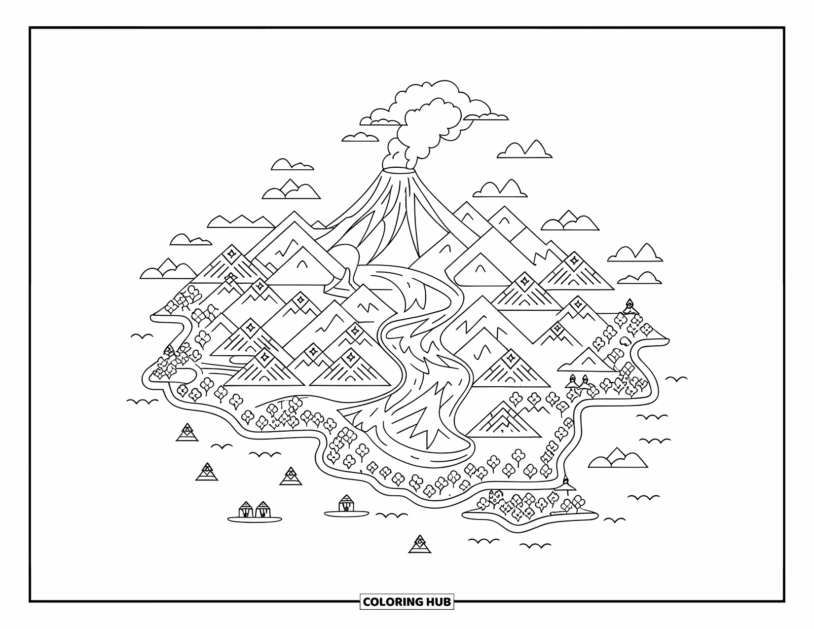 Desenho de vulcão para colorir para crianças: Um mapa de ilha vulcânica apresenta montanhas, rios e um vulcão fumegante em seu centro
