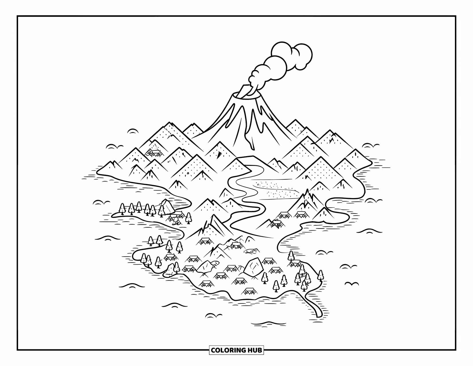 Desenho de vulcão para colorir para crianças: Um vulcão solta fumaça no coração de uma ilha cercada por rios, árvores e cabanas espalhadas