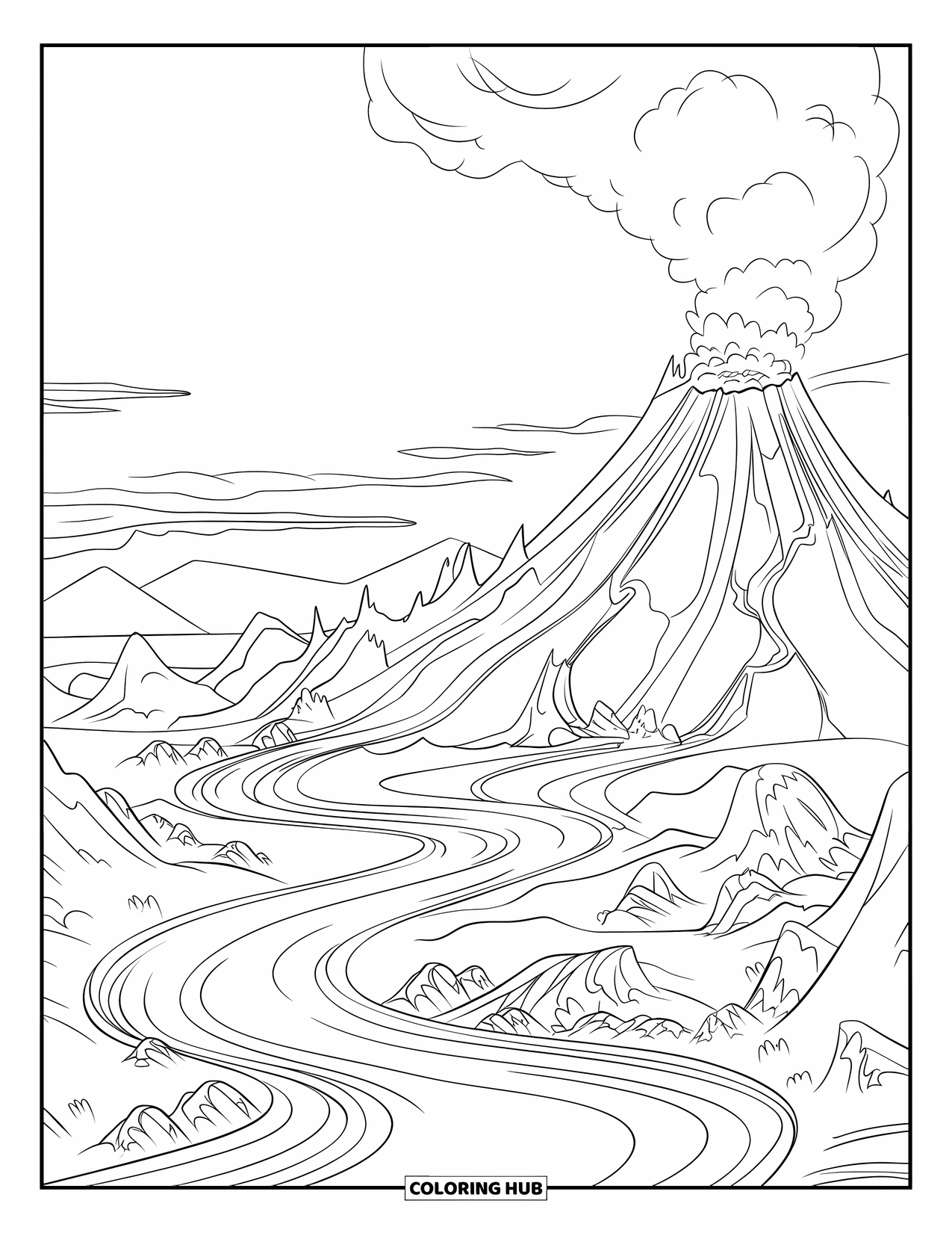 Desenho de vulcão para colorir para crianças: Rios de lava descem pelas encostas rochosas de um vulcão enquanto cinzas espessas enchem o céu