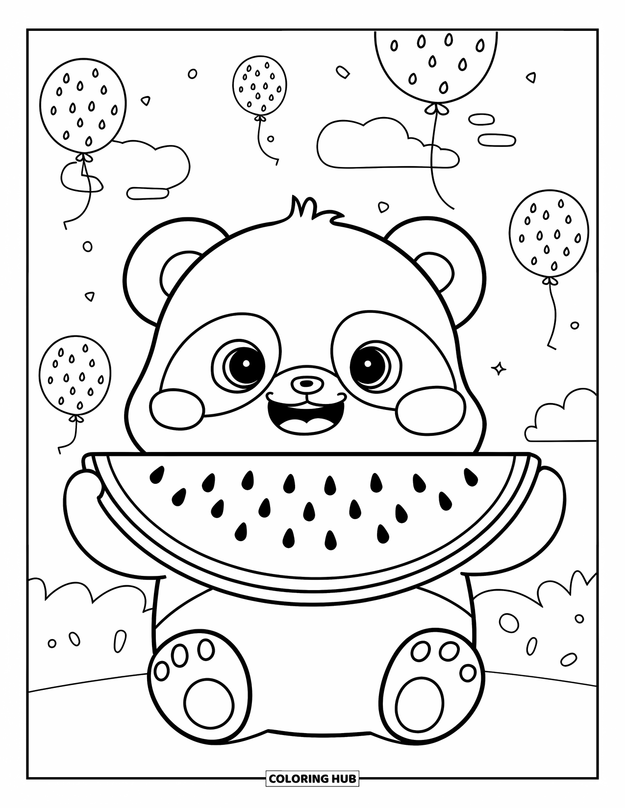 Watermeloen Kleurplaat voor Volwassenen: Een baby panda houdt een watermeloenpart vast die twee keer zo groot is, met wangen die bol staan van een grote hap