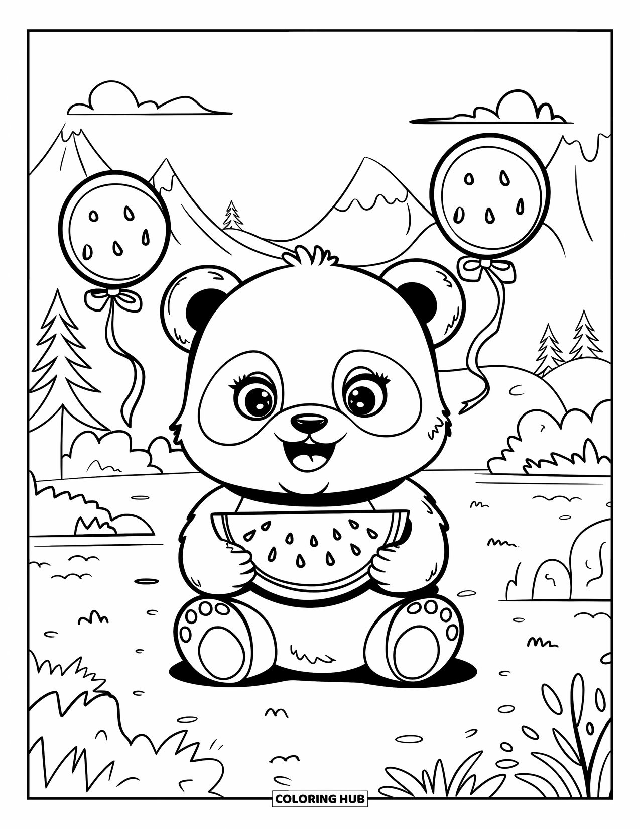 Watermeloen Kleurplaat voor Volwassenen: Een baby panda zit met een watermeloenpart, omringd door ballonvormige watermeloenen en een schilderachtig uitzicht