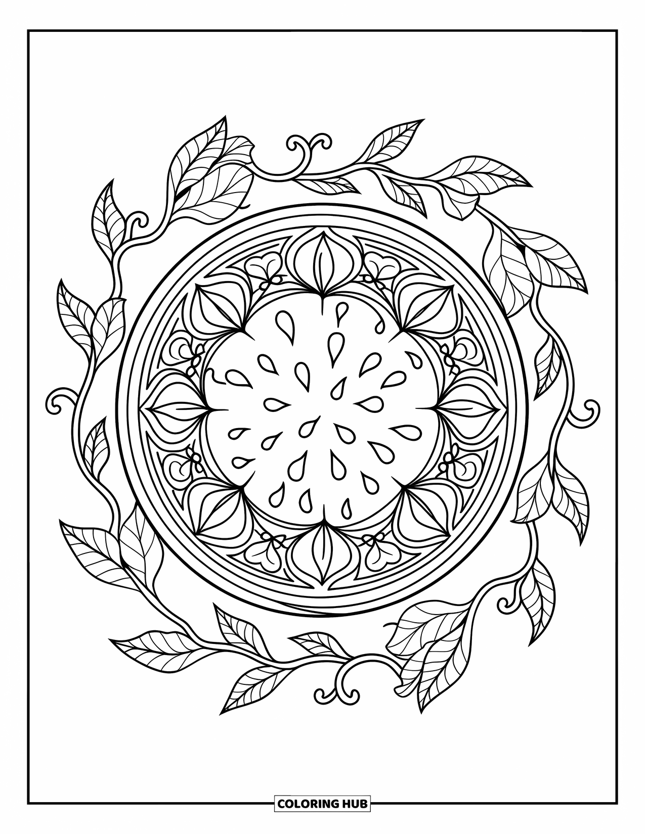Watermeloen Kleurplaat voor Volwassenen: Een prachtig patroon van watermeloen mandala, met geometrische details en artistieke bloemelementen