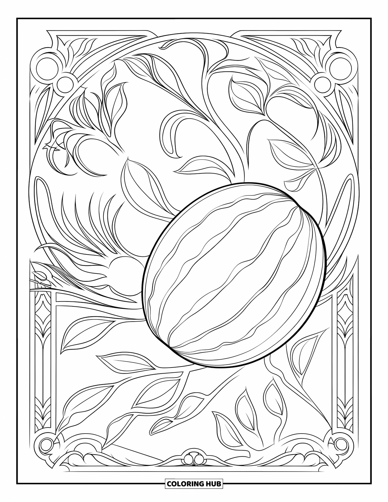 Watermeloen Kleurplaat voor Volwassenen: Een botanische watermeloen illustratie met ingewikkelde ranken en decoratieve Art Nouveau patronen