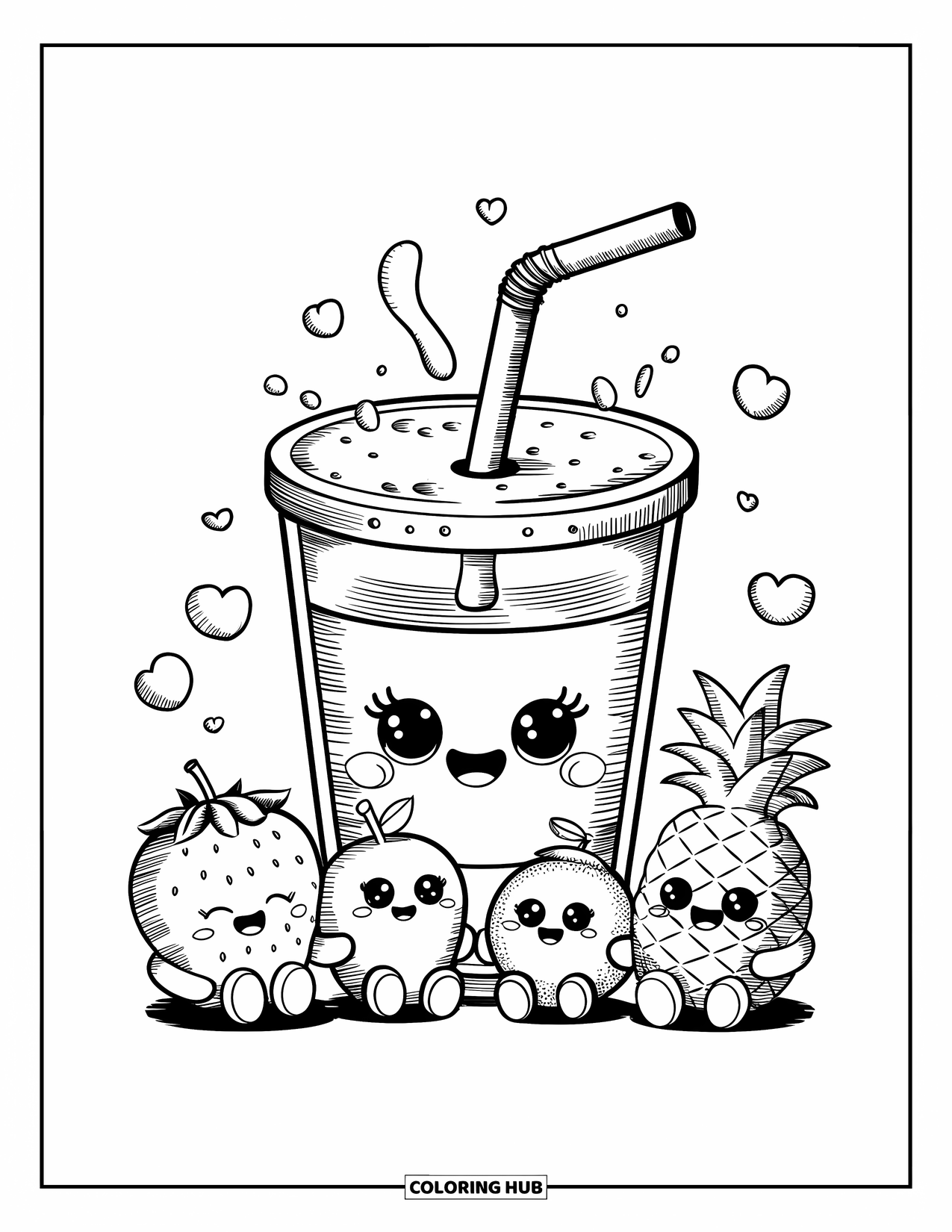 Watermeloen Kleurplaat voor Volwassenen: Een bruisende watermeloensapbeker slurpt zichzelf op door een rietje, omringd door giechelende fruitvrienden