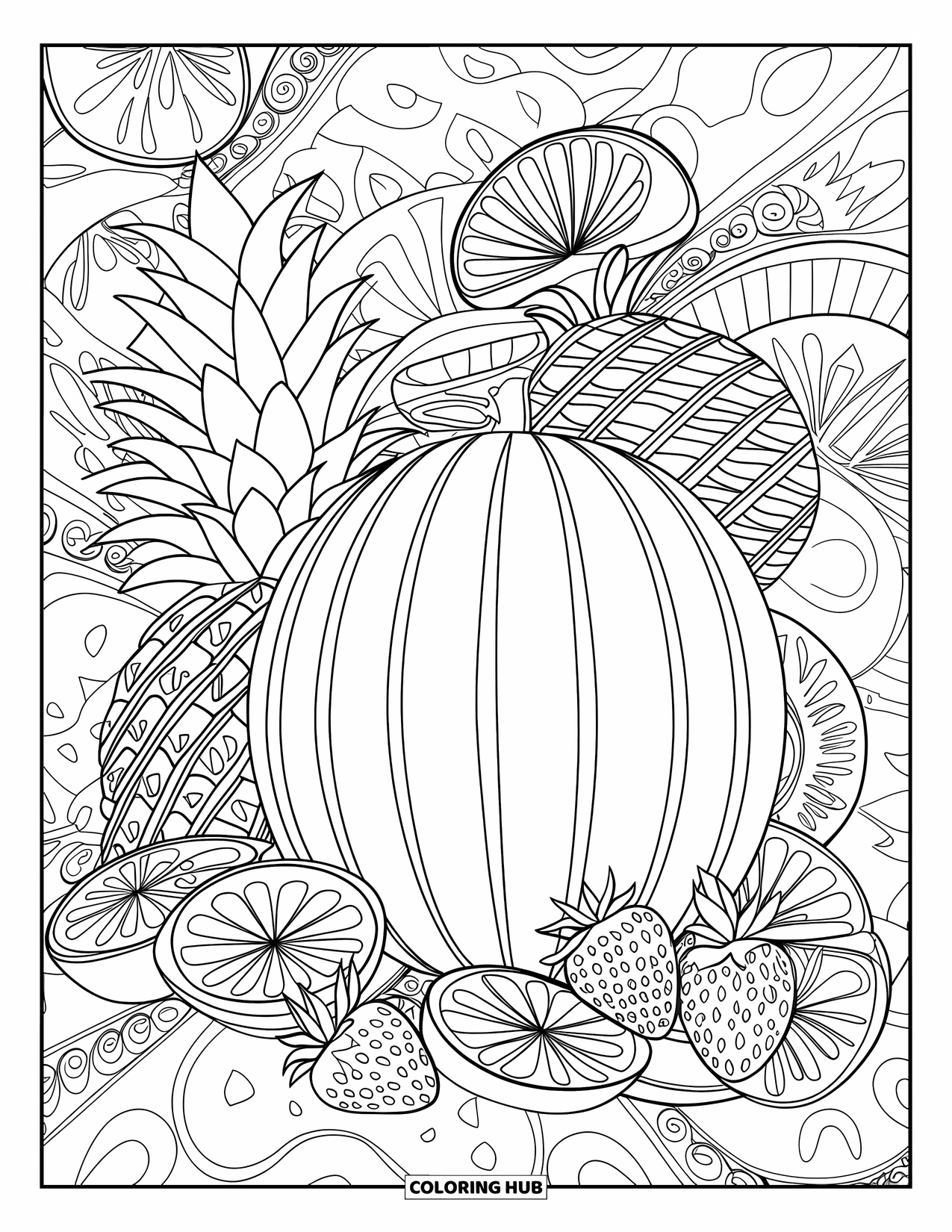 Watermeloen Kleurplaat voor Volwassenen: Een decoratief fruitarrangement met watermeloen met bloemenpatroon, ananas en citrusparten
