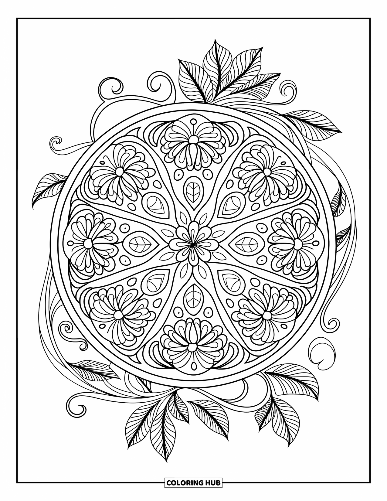 Watermeloen Kleurplaat voor Volwassenen: Een gedetailleerde mandala-geïnspireerde watermeloen met wervelende wijnranken en decoratieve patronen