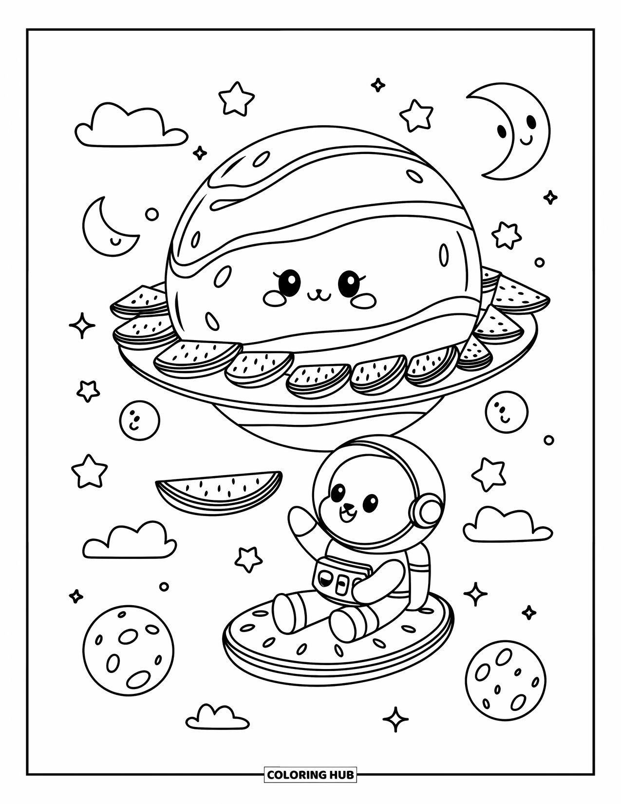 Watermeloen Kleurplaat voor Volwassenen: Een dromerige ruimtescène met een kawaii watermeloen planeet, zwevende parten en een astronautenbeer