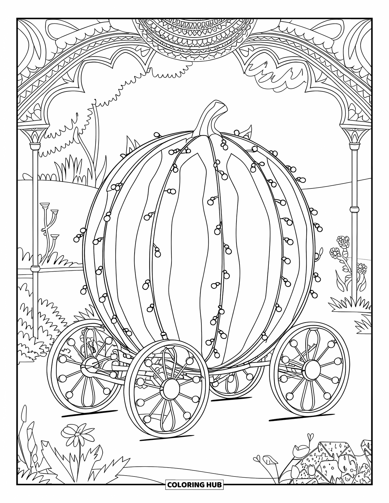 Watermeloen Kleurplaat voor Volwassenen: Een watermeloenkoets in fantasie-stijl met sierlijke wielen, gelegen in een betoverde tuin
