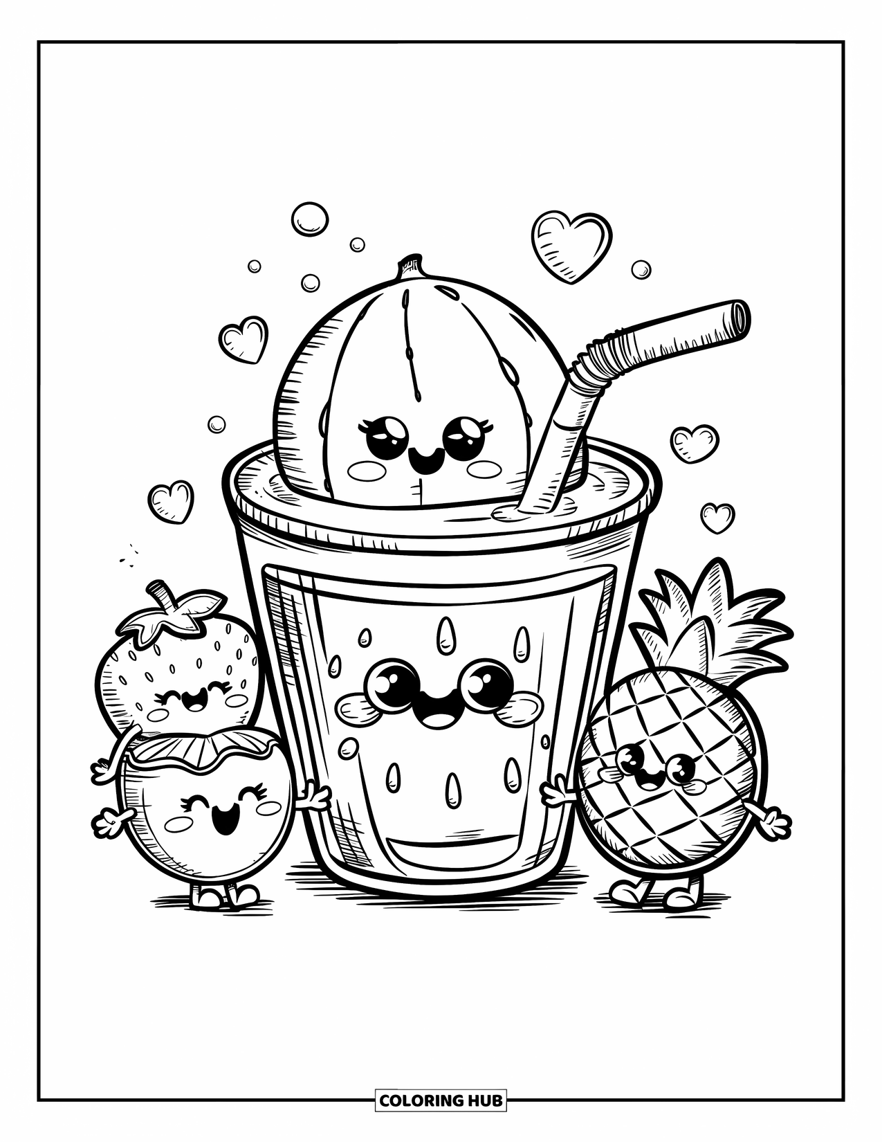 Watermeloen Kleurplaat voor Volwassenen: Een vrolijke watermeloensapbeker slurpt door een rietje, met chibi fruitvrienden die in de buurt lachen