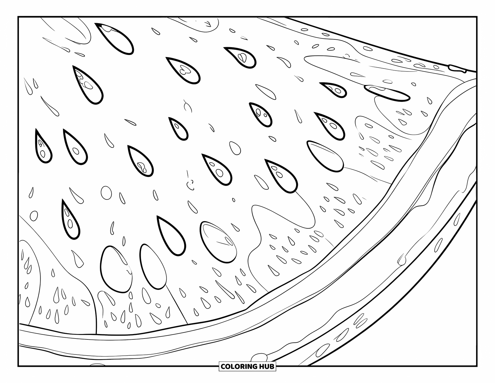 Watermeloen Kleurplaat voor Volwassenen: Een zeer gedetailleerde watermeloenpart met getextureerde pulp, delicate zaden en glinsterende druppeltjes