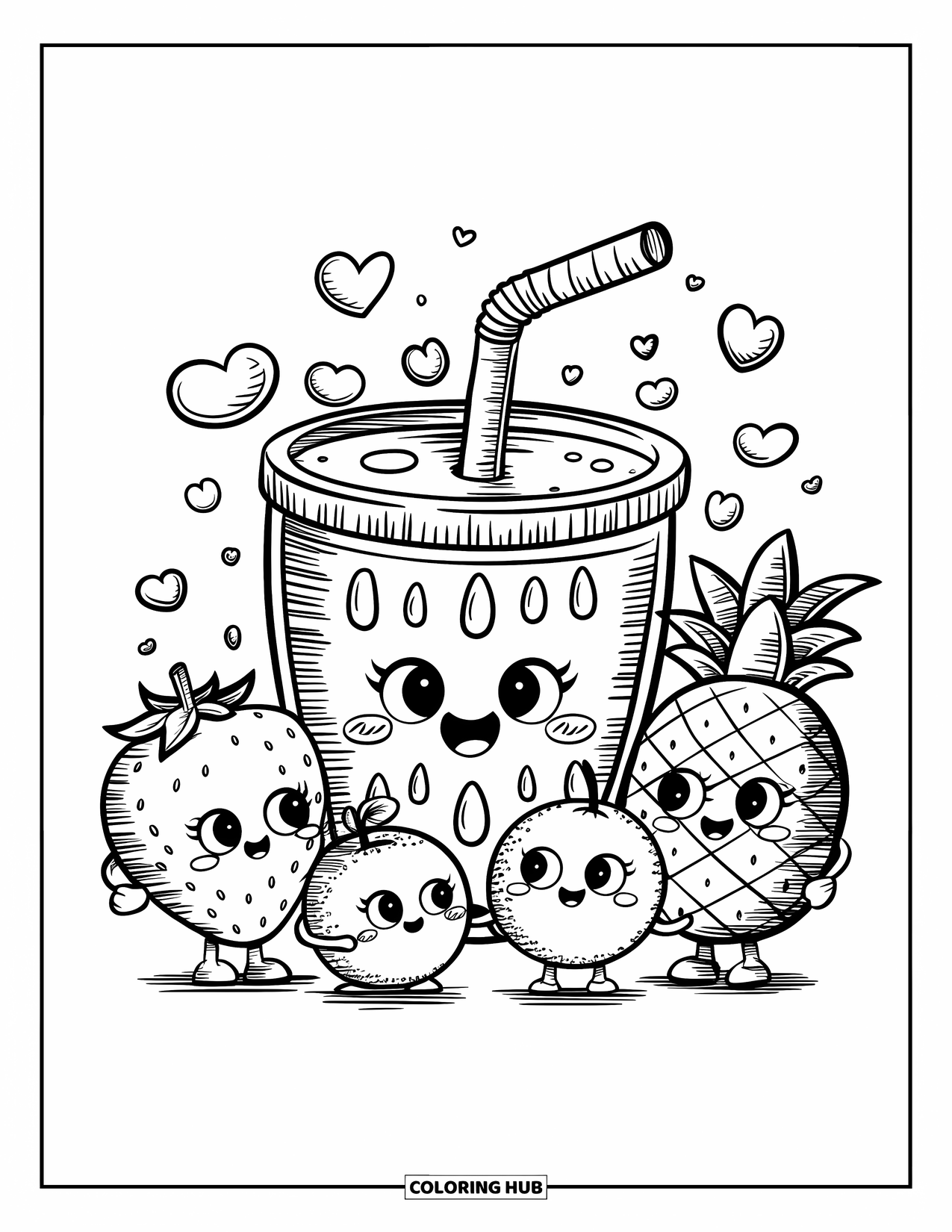 Watermeloen Kleurplaat voor Volwassenen: Een kawaii watermeloensapbeker slurpt sap, omringd door lachende fruitvrienden en zwevende harten