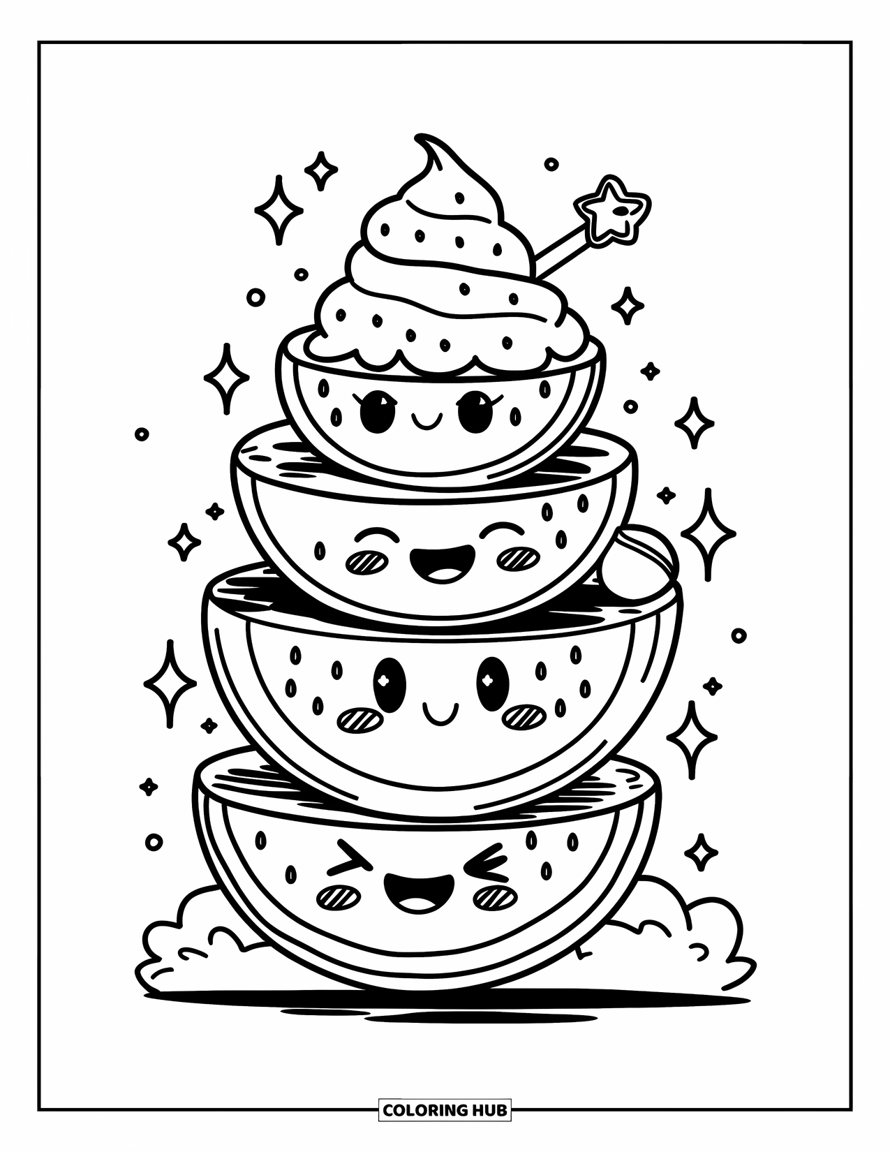 Watermeloen Kleurplaat voor Volwassenen: Een kawaii watermeloen stapel met speelse uitdrukkingen, omringd door glitters en pluizige wolken
