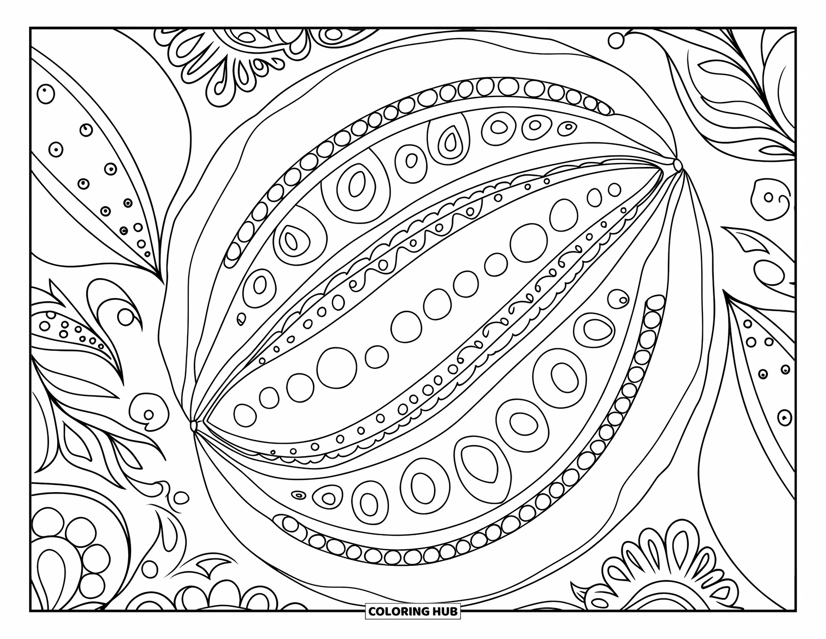 Watermeloen Kleurplaat voor Volwassenen: Een paisley-patroon watermeloen met betoverende wervelingen, stippen en fijne decoratieve elementen