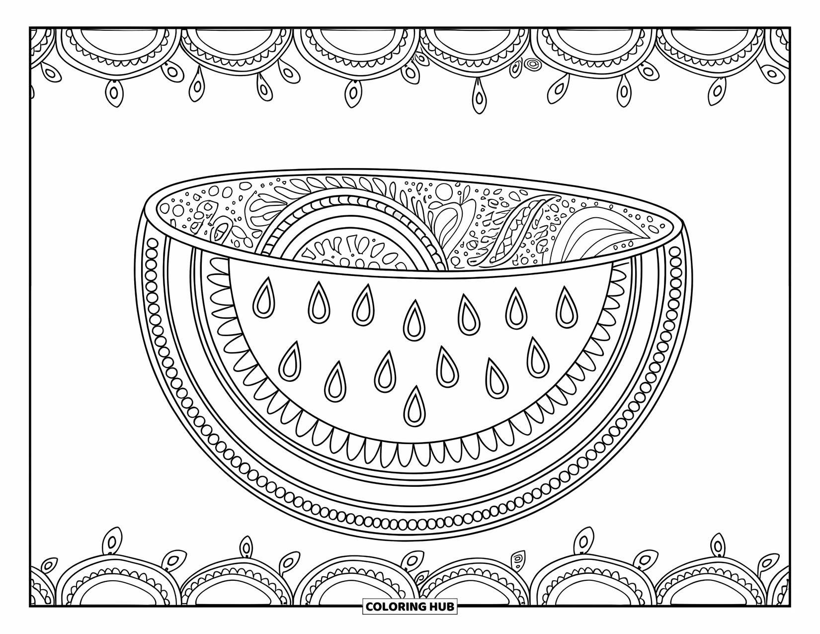 Watermeloen Kleurplaat voor Volwassenen: Een watermeloen met patroon met paisley ontwerpen, omringd door een decoratieve rand