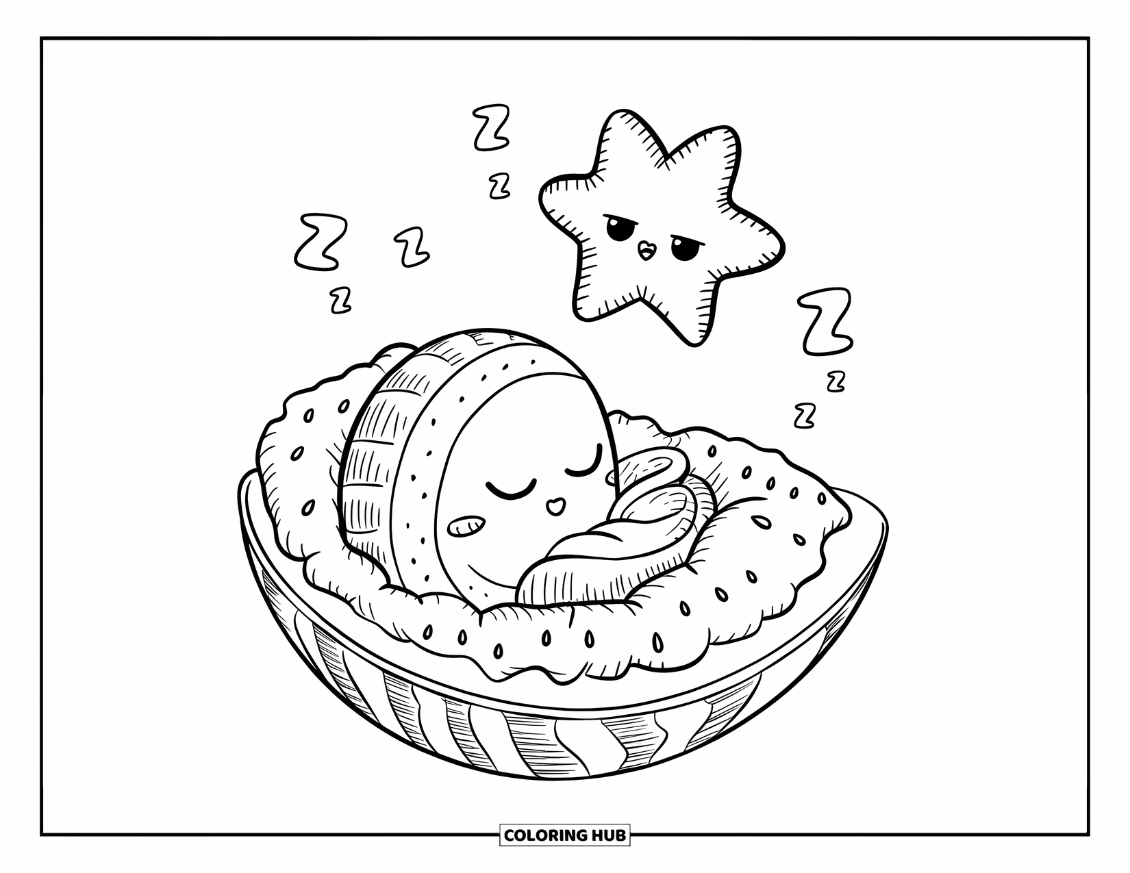 Watermeloen Kleurplaat voor Volwassenen: Een slaperig watermeloen personage krult zich op in een watermeloenschil, gewikkeld in een slagroomdeken