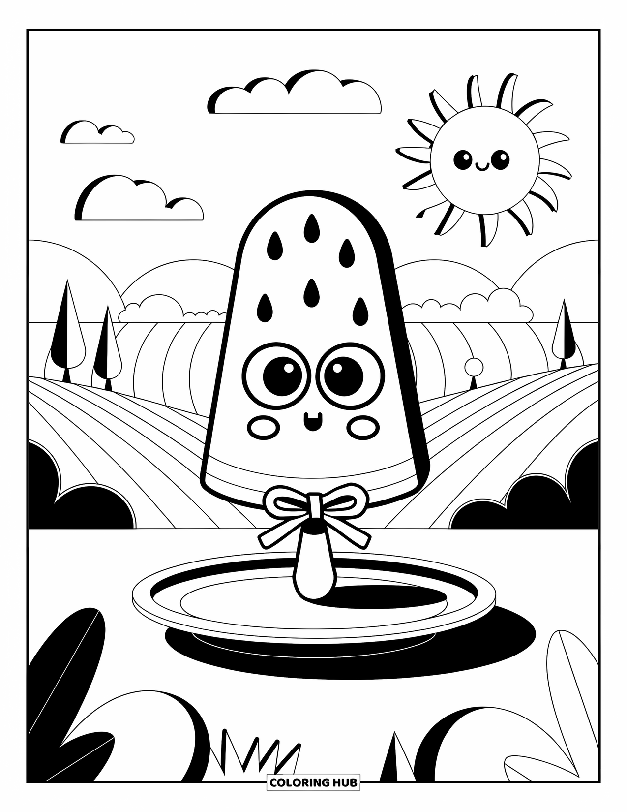 Watermeloen Kleurplaat voor Volwassenen: Een lachende watermeloen ijslolly zit op een bord, met een felle zon en zachte wolken erboven