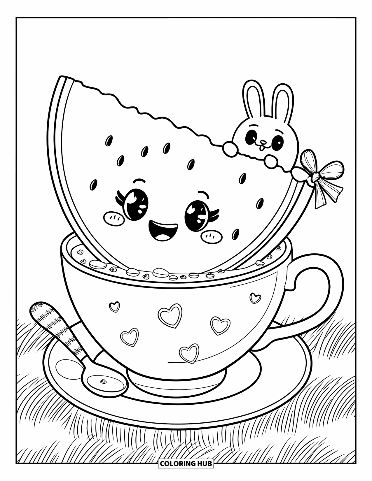 Watermeloen Kleurplaat voor Volwassenen: Een lachende watermeloenpart in een theekopje, omringd door kleine hartvormige watermeloenstukjes en een schattige lepel