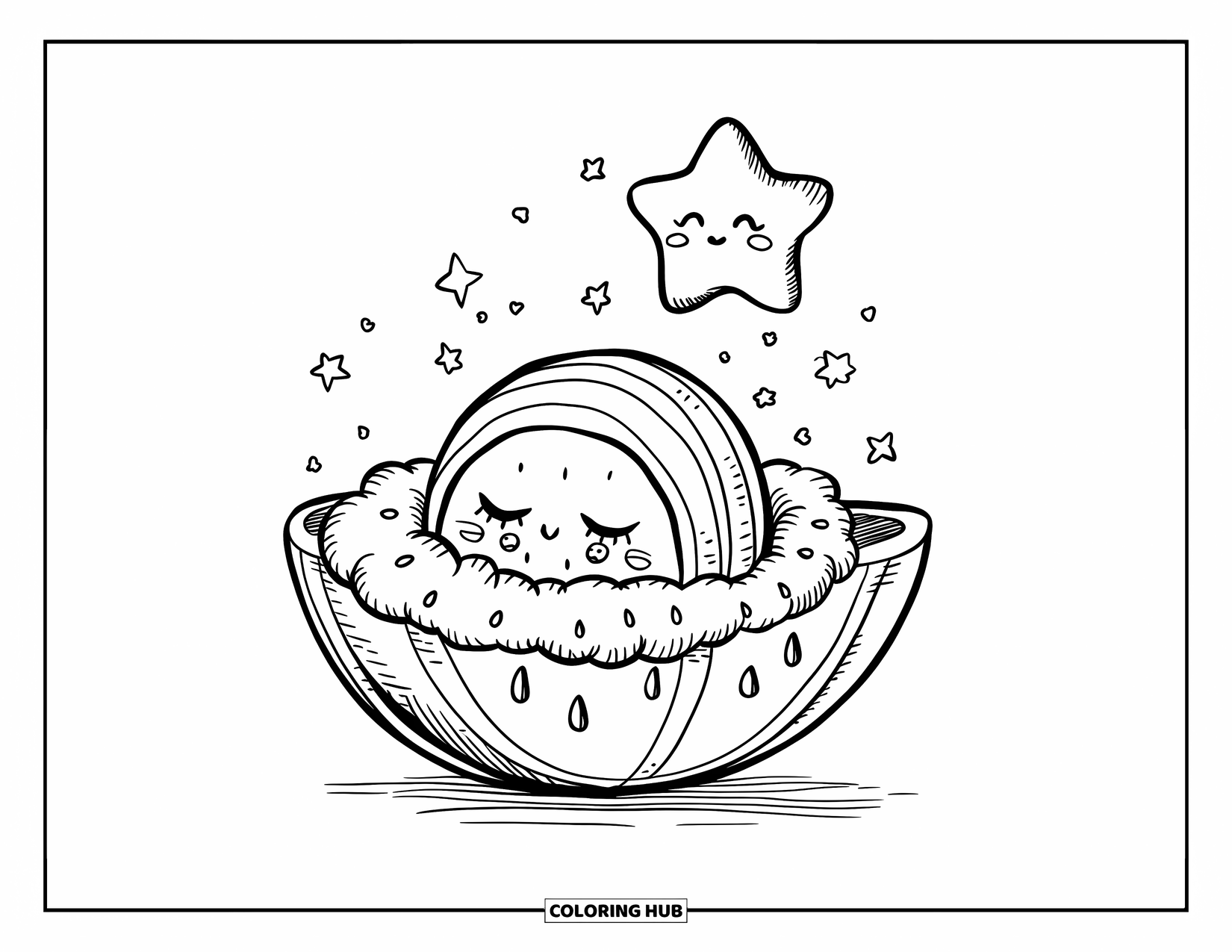 Watermeloen Kleurplaat voor Volwassenen: Een klein watermeloen personage slaapt in een schilbed, met een babyster die erboven zweeft