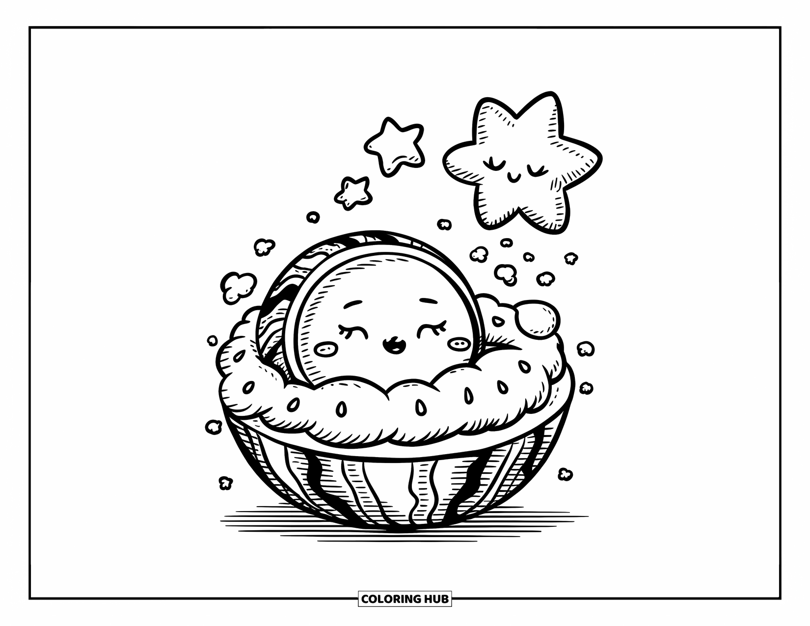 Watermeloen Kleurplaat voor Volwassenen: Een watermeloen personage doet een dutje in een schil, gewikkeld in slagroom, onder een zwevende ster