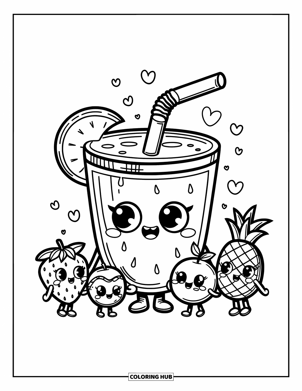 Watermeloen Kleurplaat voor Volwassenen: Een watermeloensapbeker met een schattig gezicht slurpt zichzelf op, met kleine fruitvrienden die elkaars handen vasthouden