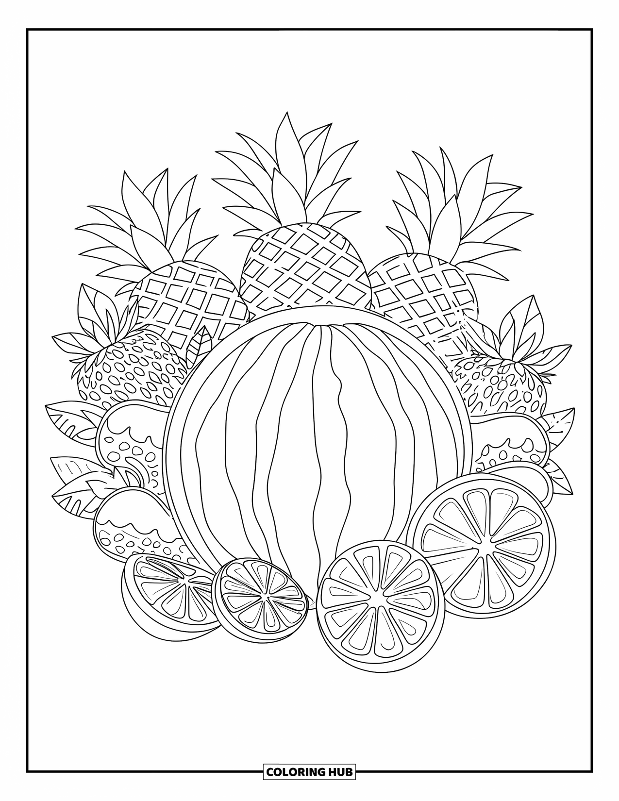 Watermeloen Kleurplaat voor Volwassenen: Een watermeloen omringd door ananassen, aardbeien en citrusparten, elk met ingewikkelde patronen