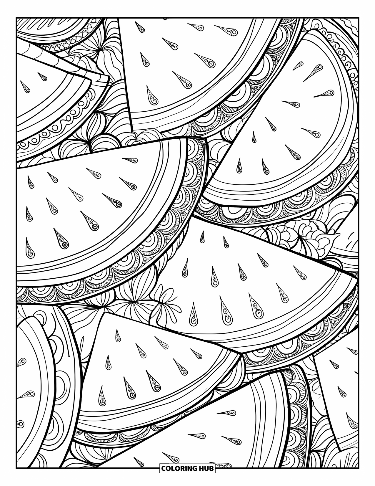 Watermeloen Kleurplaat voor Volwassenen: Een zentangle-geïnspireerd watermeloenpatroon met wervelende wijnranken en overlappende watermeloenparten