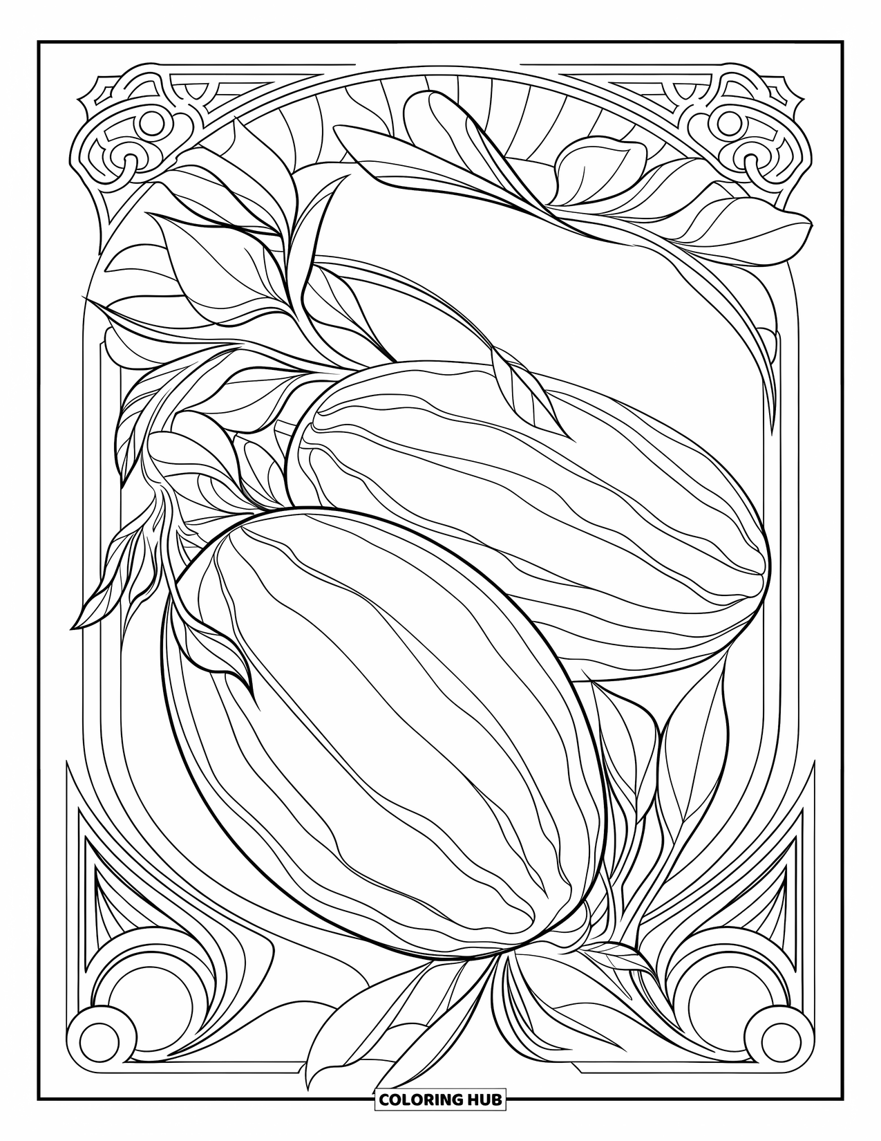 Watermeloen Kleurplaat voor Volwassenen: Een watermeloen in Art Nouveau-stijl met elegante vloeiende lijnen, bladeren en sierlijke randen