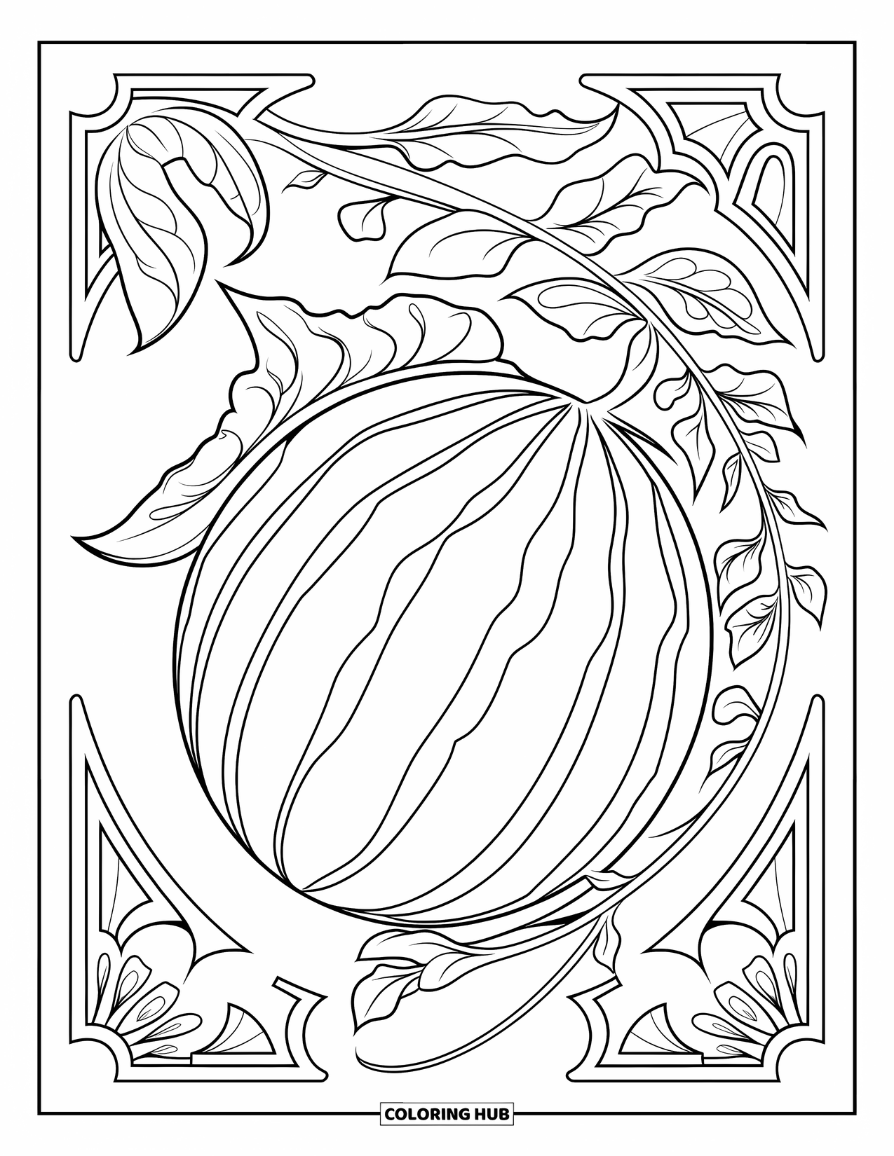 Watermeloen Kleurplaat voor Volwassenen: Een elegante watermeloen illustratie met bloemendetails en vloeiende sierranken