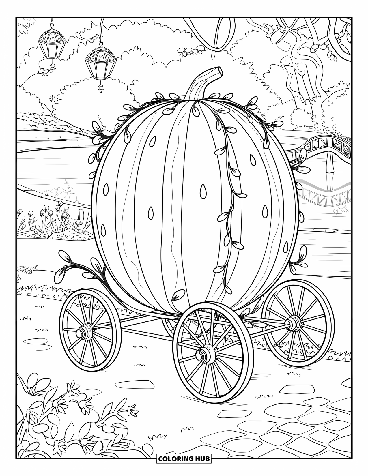 Watermeloen Kleurplaat voor Volwassenen: Een betoverd watermeloenkoets met feeërieke lichtjes en magische elementen in een dromerig landschap