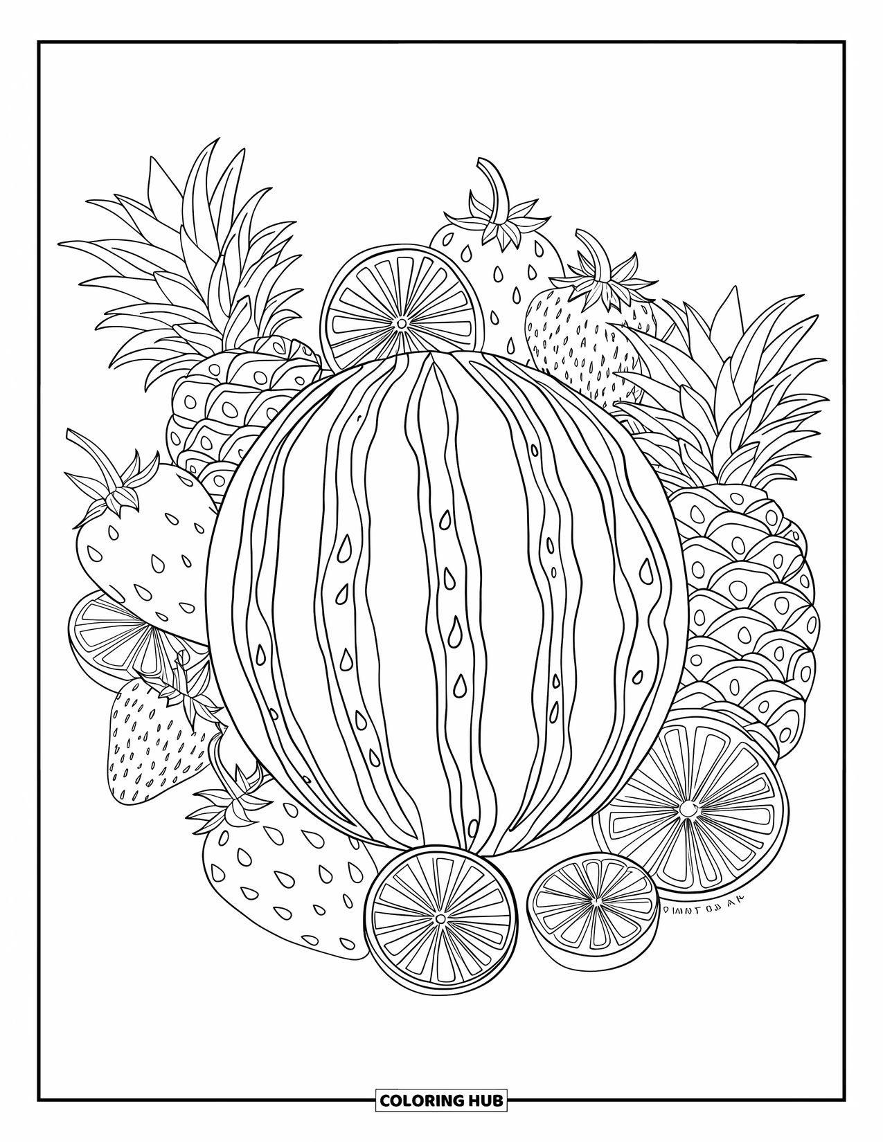 Watermeloen Kleurplaat voor Volwassenen: Een ingewikkeld patroon van watermeloen naast prachtig ontworpen tropisch fruit