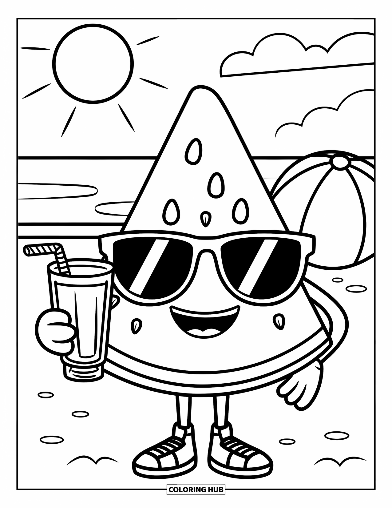 Watermeloen Kleurplaat voor Kinderen: Een vrolijk watermeloenpart personage geniet van een zonnige stranddag met een strandbal in de buurt