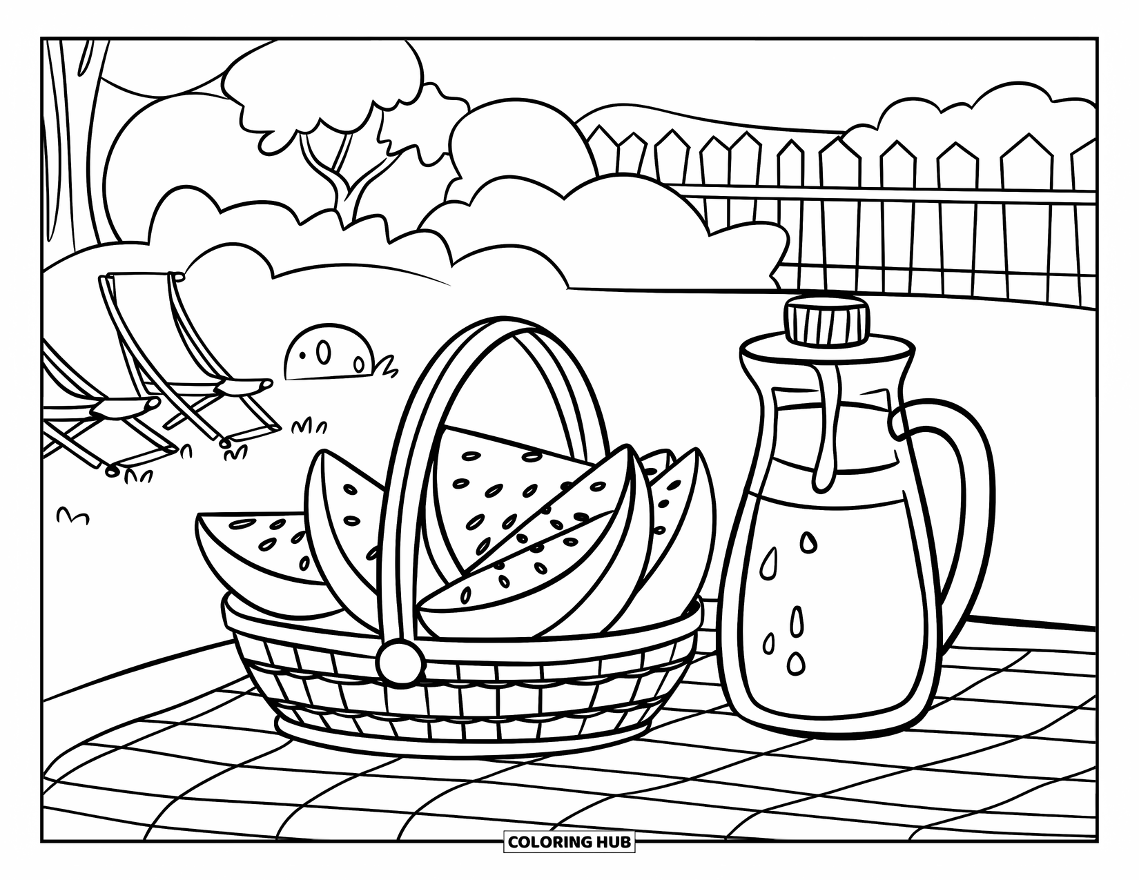 Watermeloen Kleurplaat voor Kinderen: Een schattige picknicksetting met watermeloenparten, een sapkan, een tafel en een houten hek in de buurt