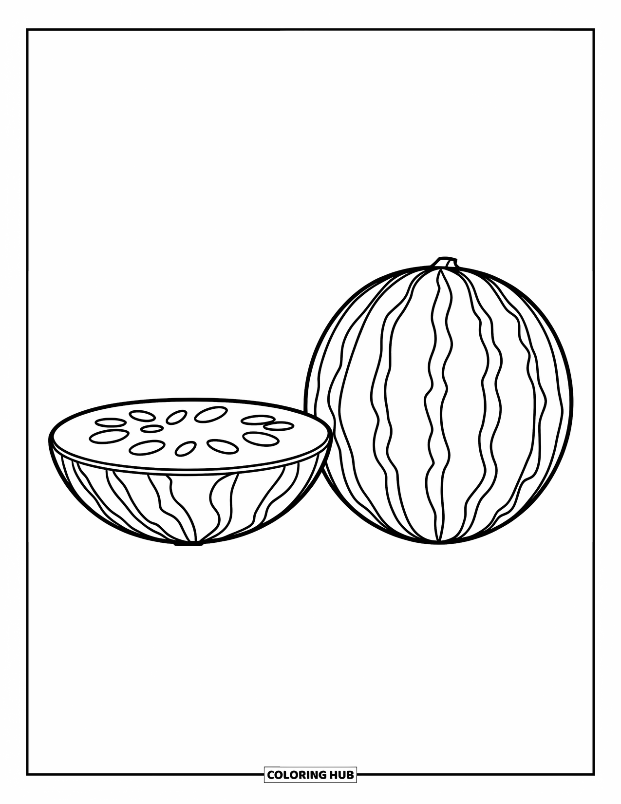 Watermeloen Kleurplaat voor Kinderen: Een duo watermeloenen, een hele en een opengesneden, met gedurfde patronen op hun schillen