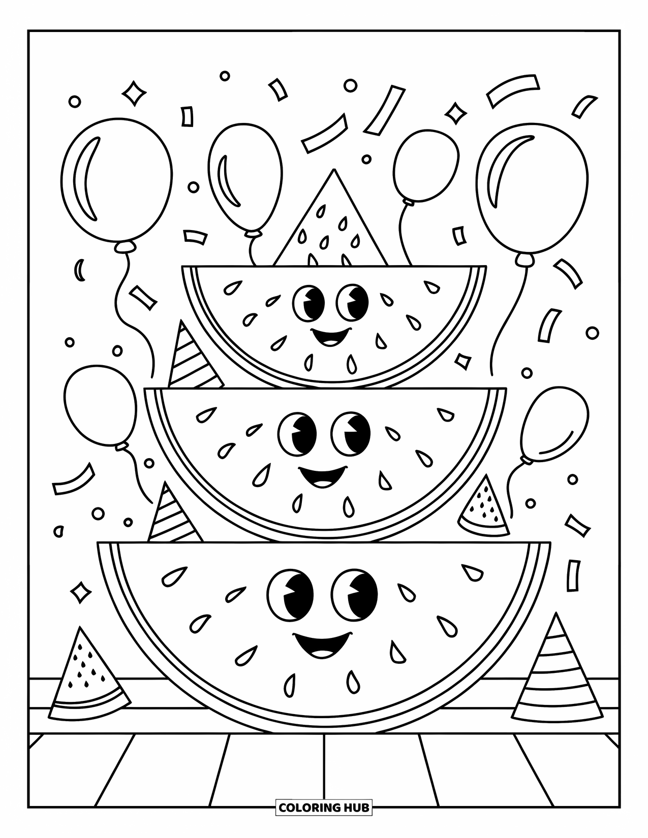 Watermeloen Kleurplaat voor Kinderen: Een leuk watermeloenfeest met drie vrolijke watermeloenparten, confetti en ballonnen