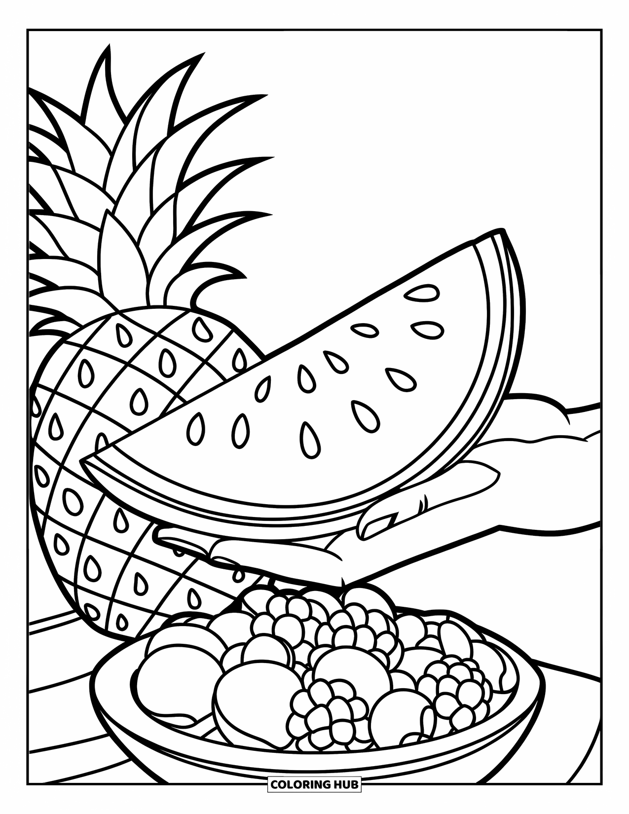 Watermeloen Kleurplaat voor Kinderen: Een hand die een watermeloenpart vasthoudt, met ananas en bessen op een eenvoudige, strakke achtergrond