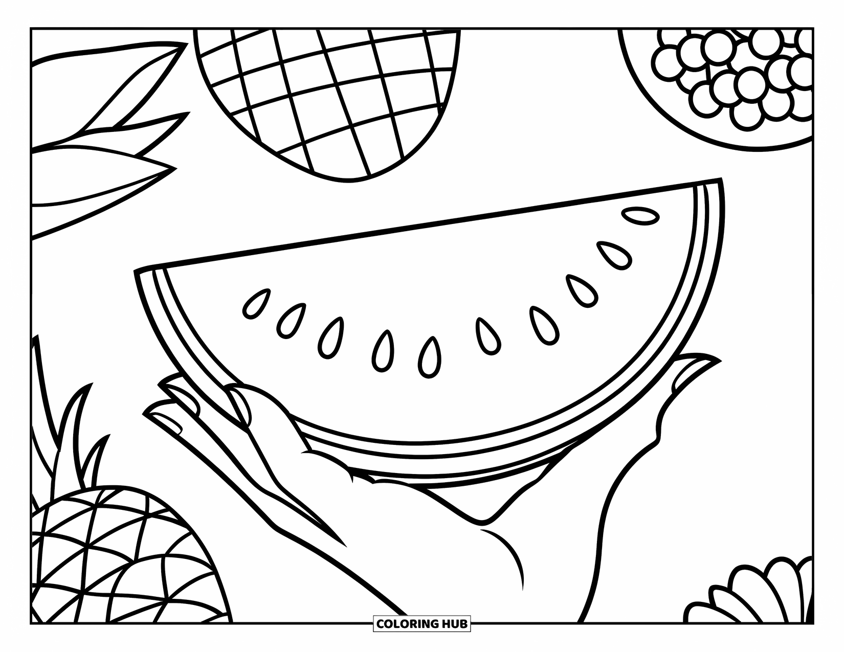 Watermeloen Kleurplaat voor Kinderen: Een hand houdt een watermeloenpart vast, omringd door zomerfruit, met een strakke achtergrond