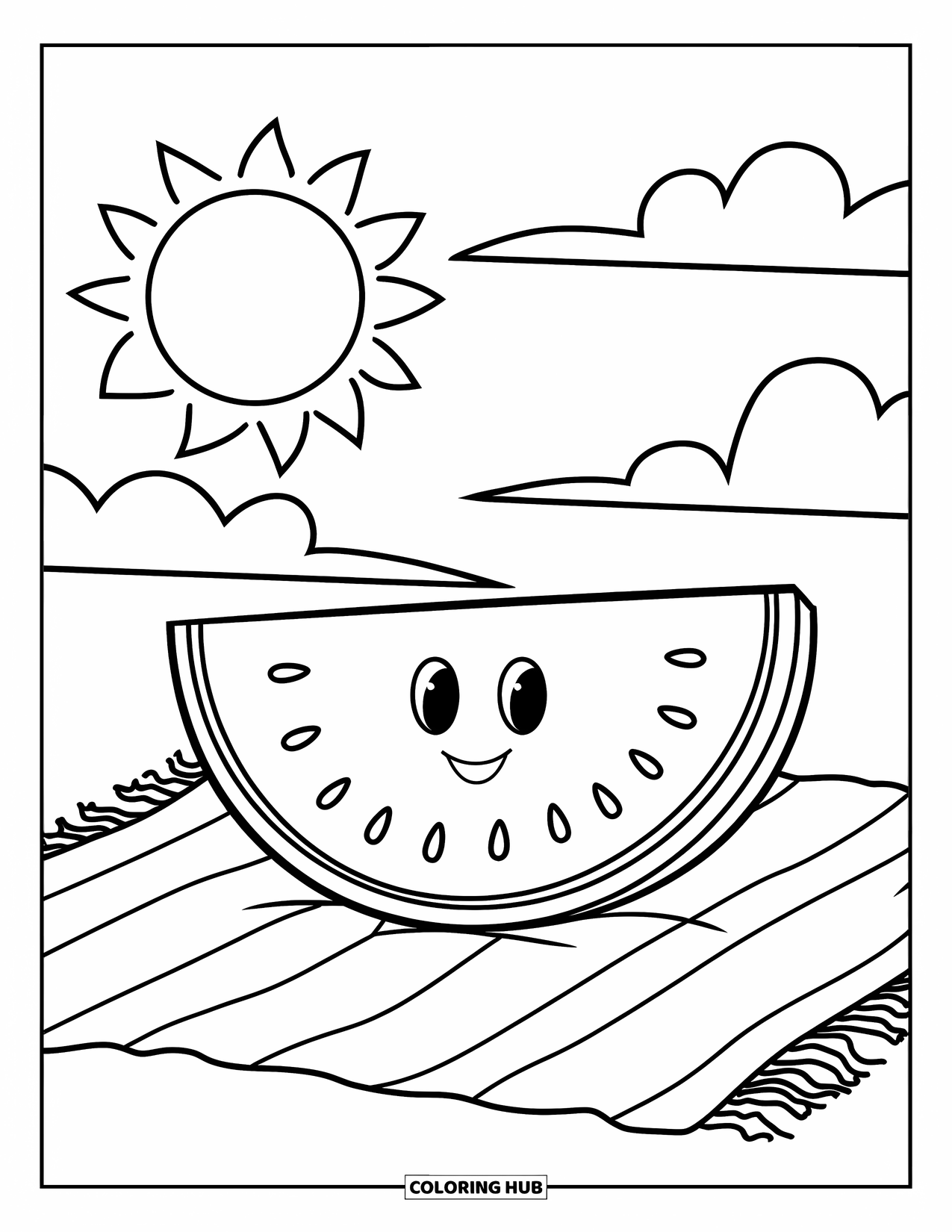 Watermeloen Kleurplaat voor Kinderen: Een vrolijke watermeloenpart zittend op een picknickkleed met een felle zon en pluizige wolken erboven