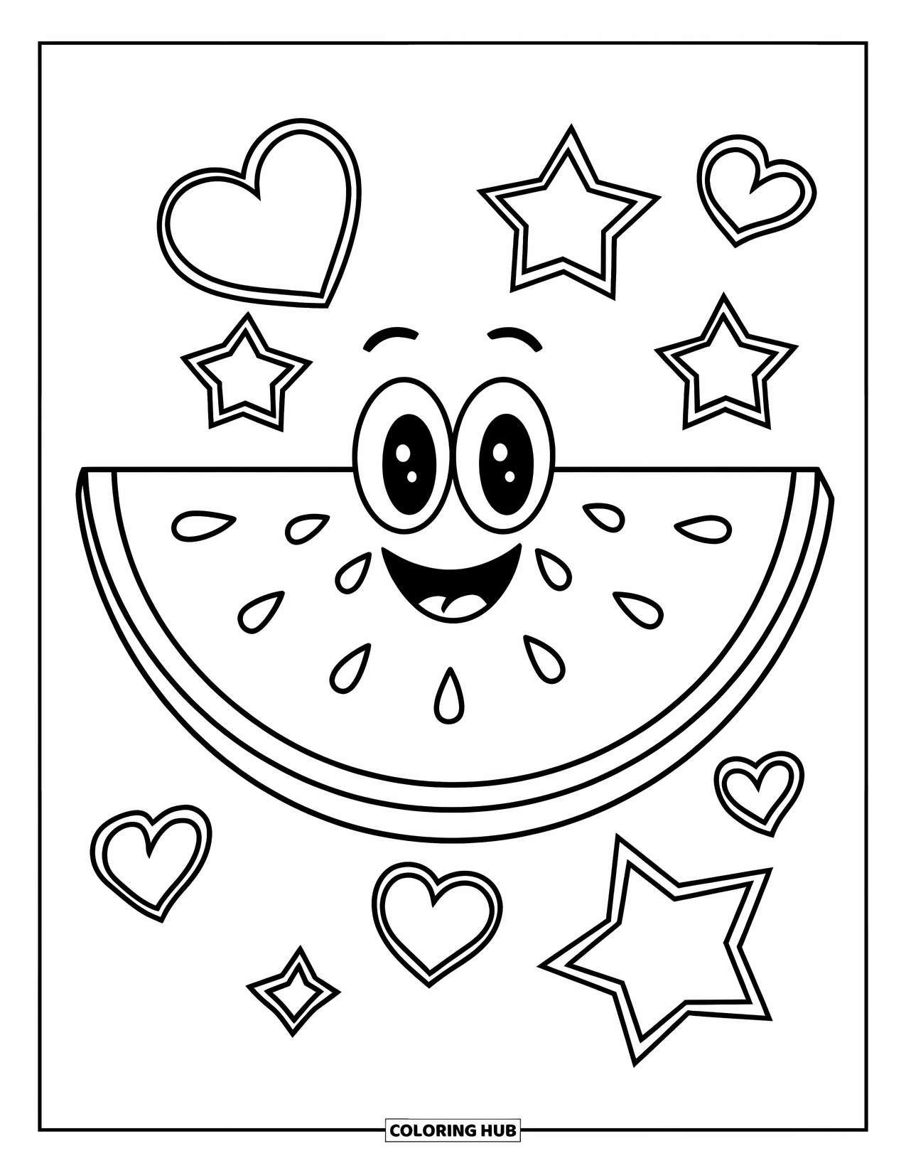 Watermeloen Kleurplaat voor Kinderen: Een vrolijke watermeloenpart met een schattig gezicht, omringd door sterren en harten in een speels ontwerp
