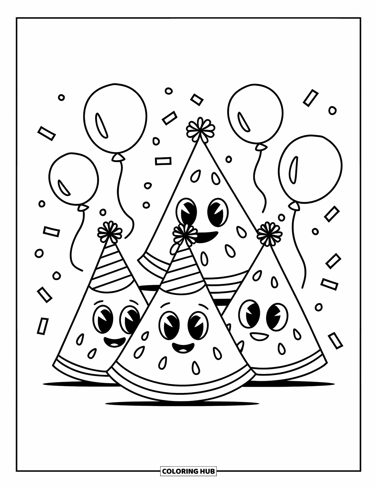 Watermeloen Kleurplaat voor Kinderen: Een levendig watermeloenfeest met vrolijke parten met feesthoedjes, omringd door ballonnen